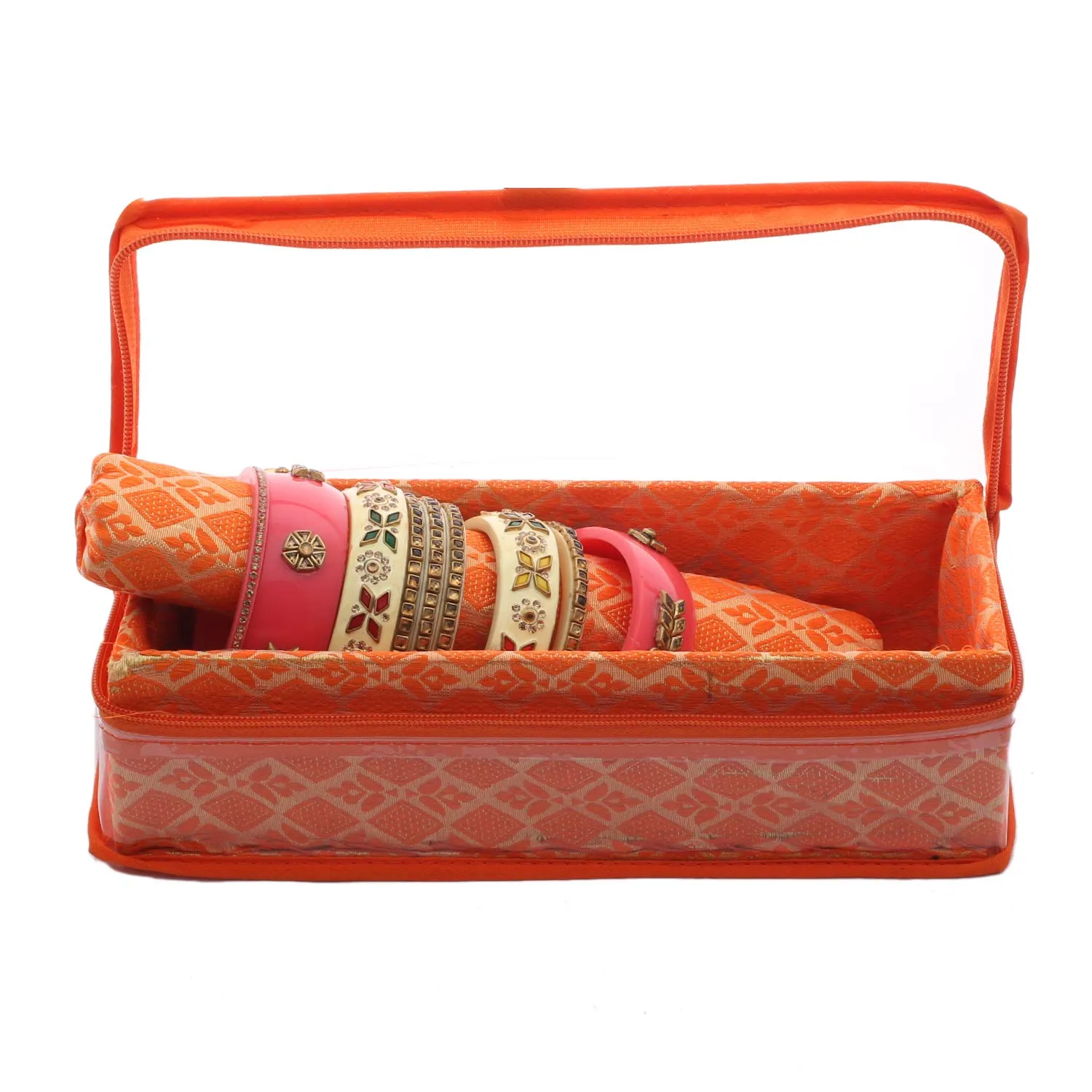 Kuber Industries Brocade Hardboard 2 Pieces One Rod Bangle Box (Orange) - CTKTC022959