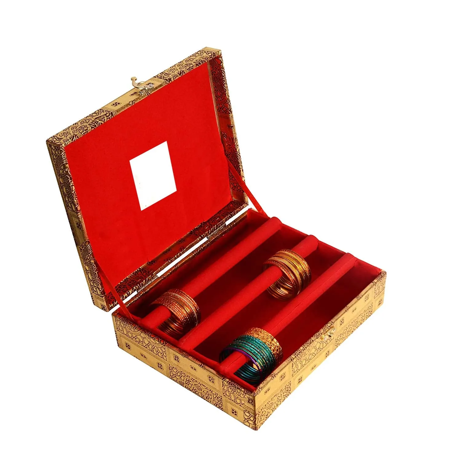 Kuber Industries Wooden 1 Piece Three Rod Bangle Storage Box with Lock System (Gold) -CTKTC39402