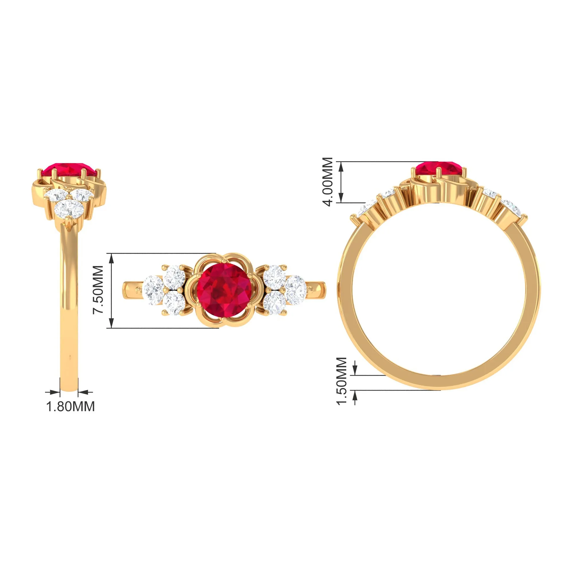 Lab Grown Ruby Flower Ring with Diamond Trio