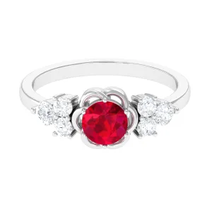 Lab Grown Ruby Flower Ring with Diamond Trio