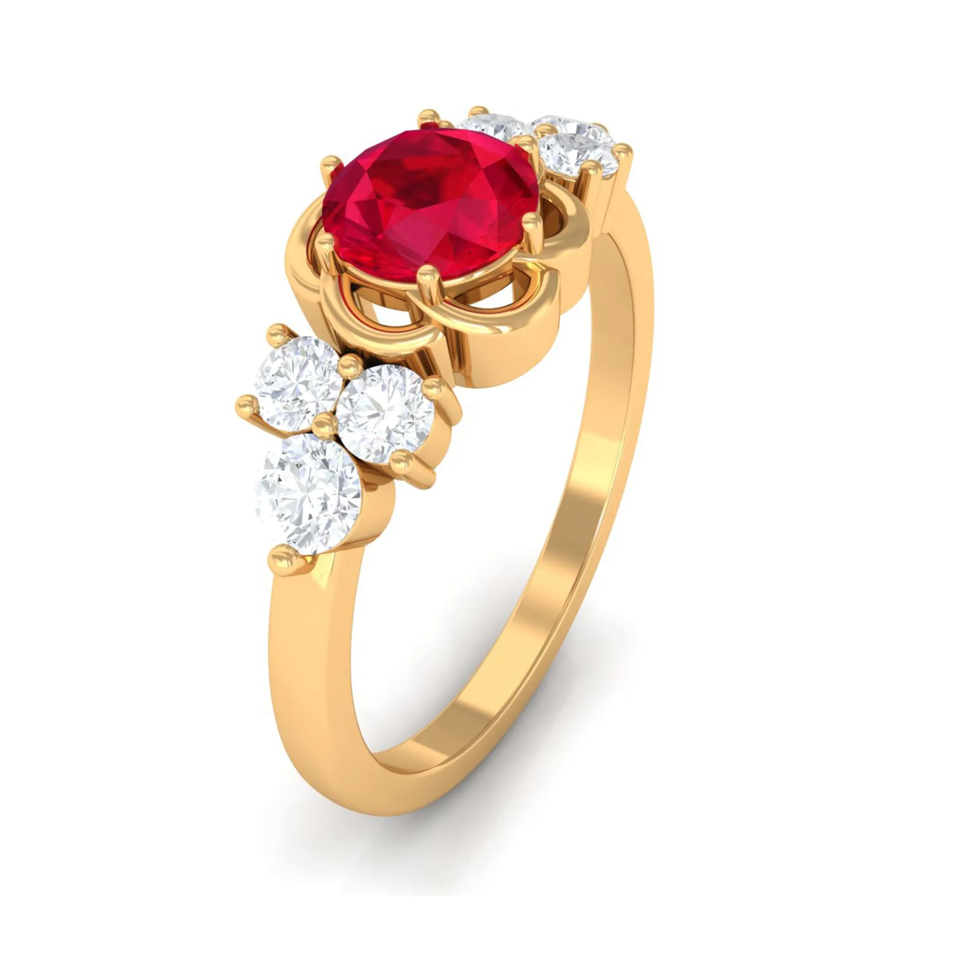 Lab Grown Ruby Flower Ring with Diamond Trio