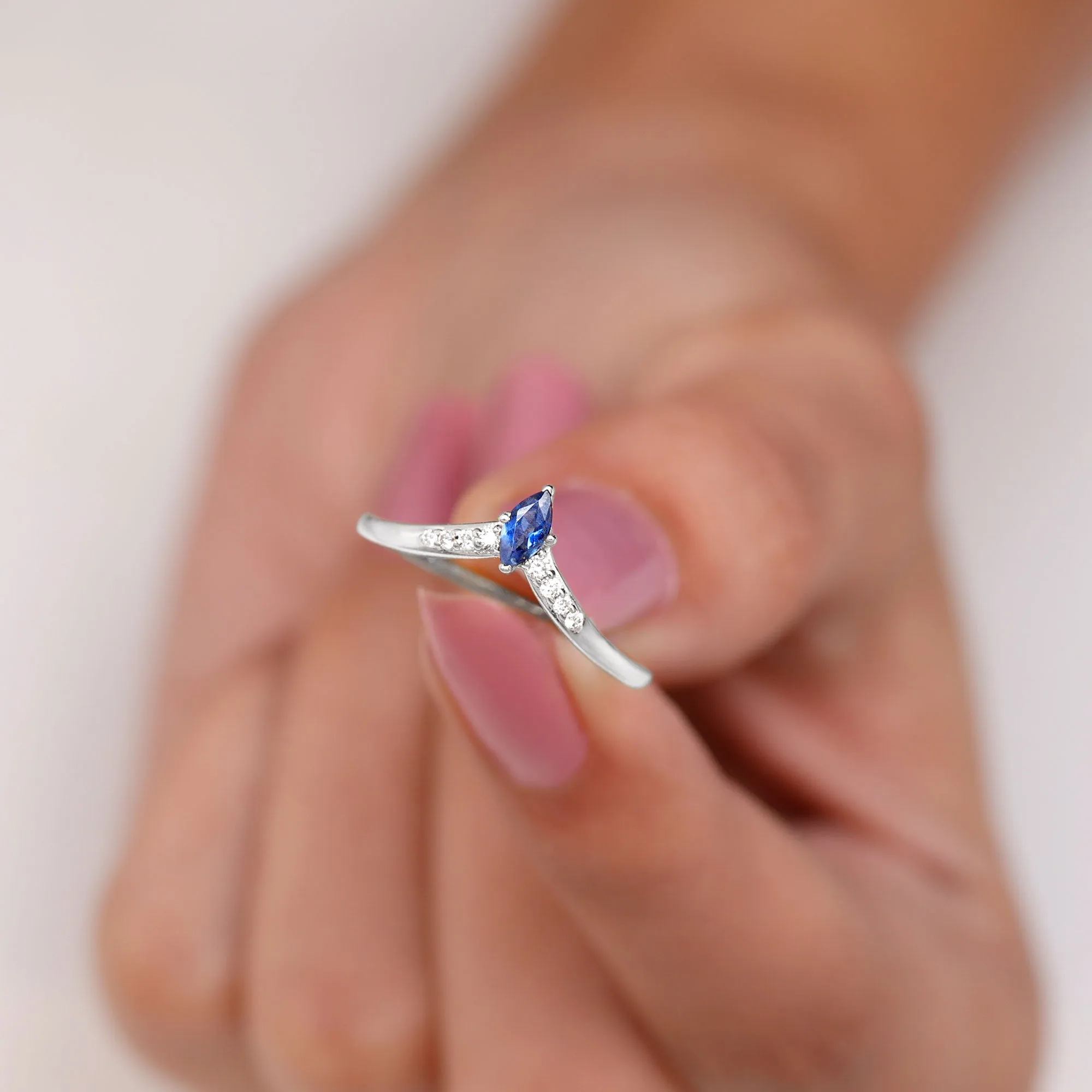 Marquise Cut Blue Sapphire and Diamond V Shape Enhancer Ring