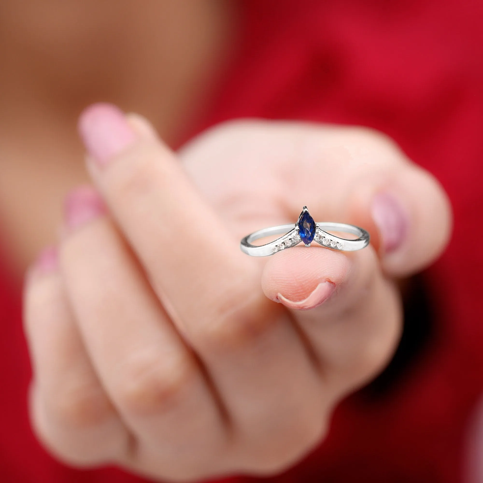 Marquise Cut Blue Sapphire and Diamond V Shape Enhancer Ring