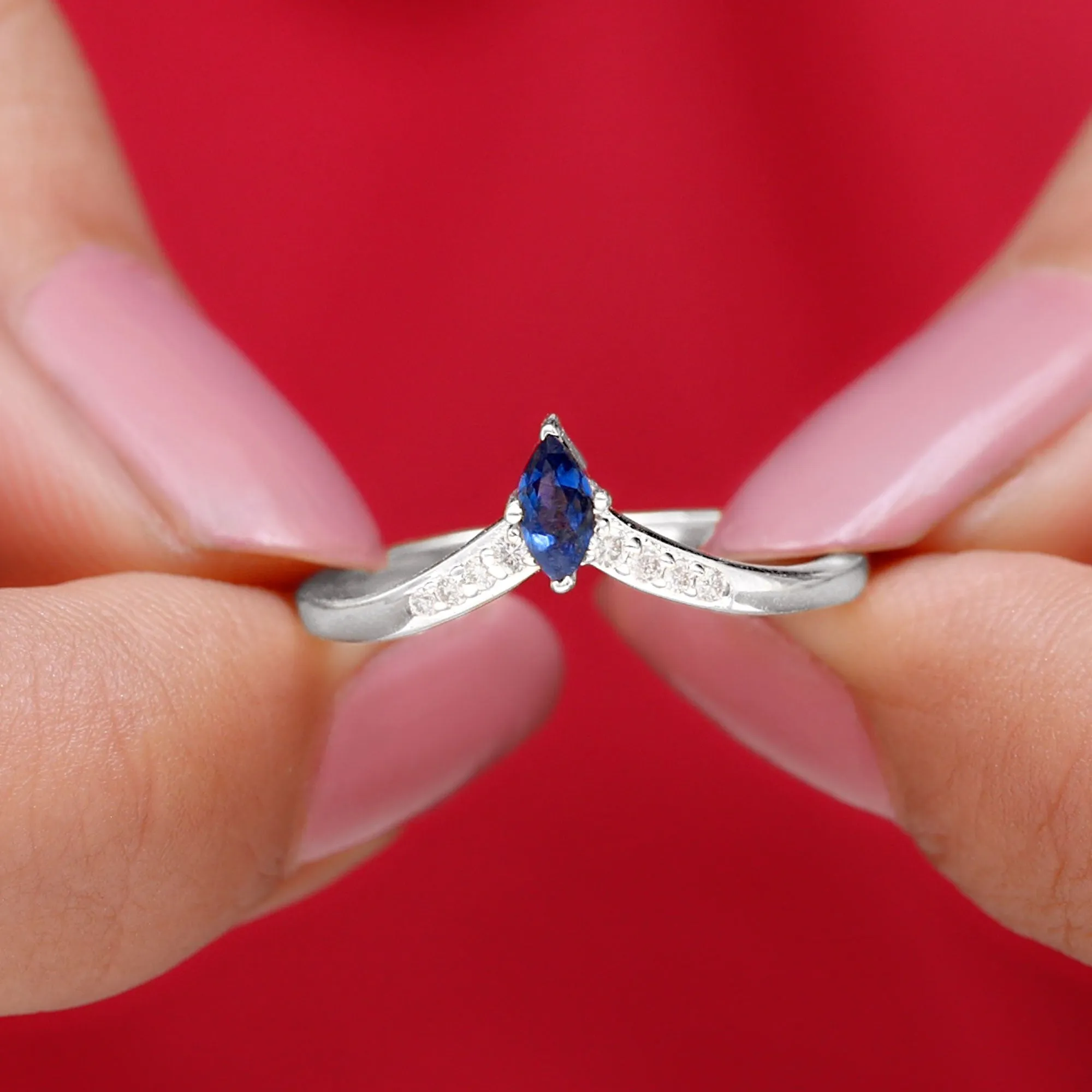 Marquise Cut Blue Sapphire and Diamond V Shape Enhancer Ring