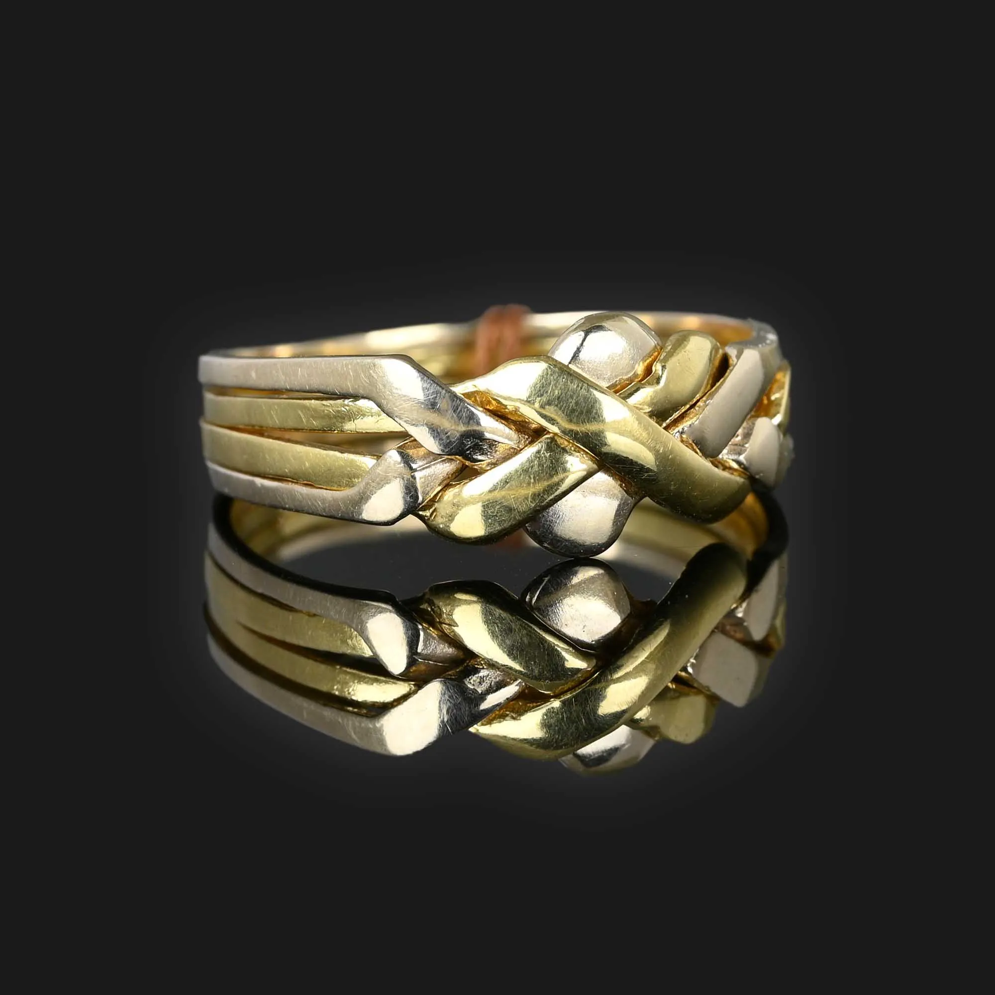 Mens Two Tone 18K Gold Puzzle Ring, Interlocking Bands