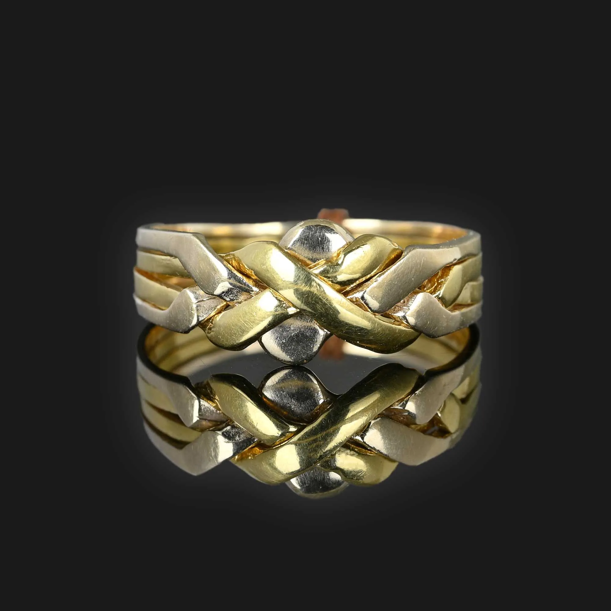 Mens Two Tone 18K Gold Puzzle Ring, Interlocking Bands