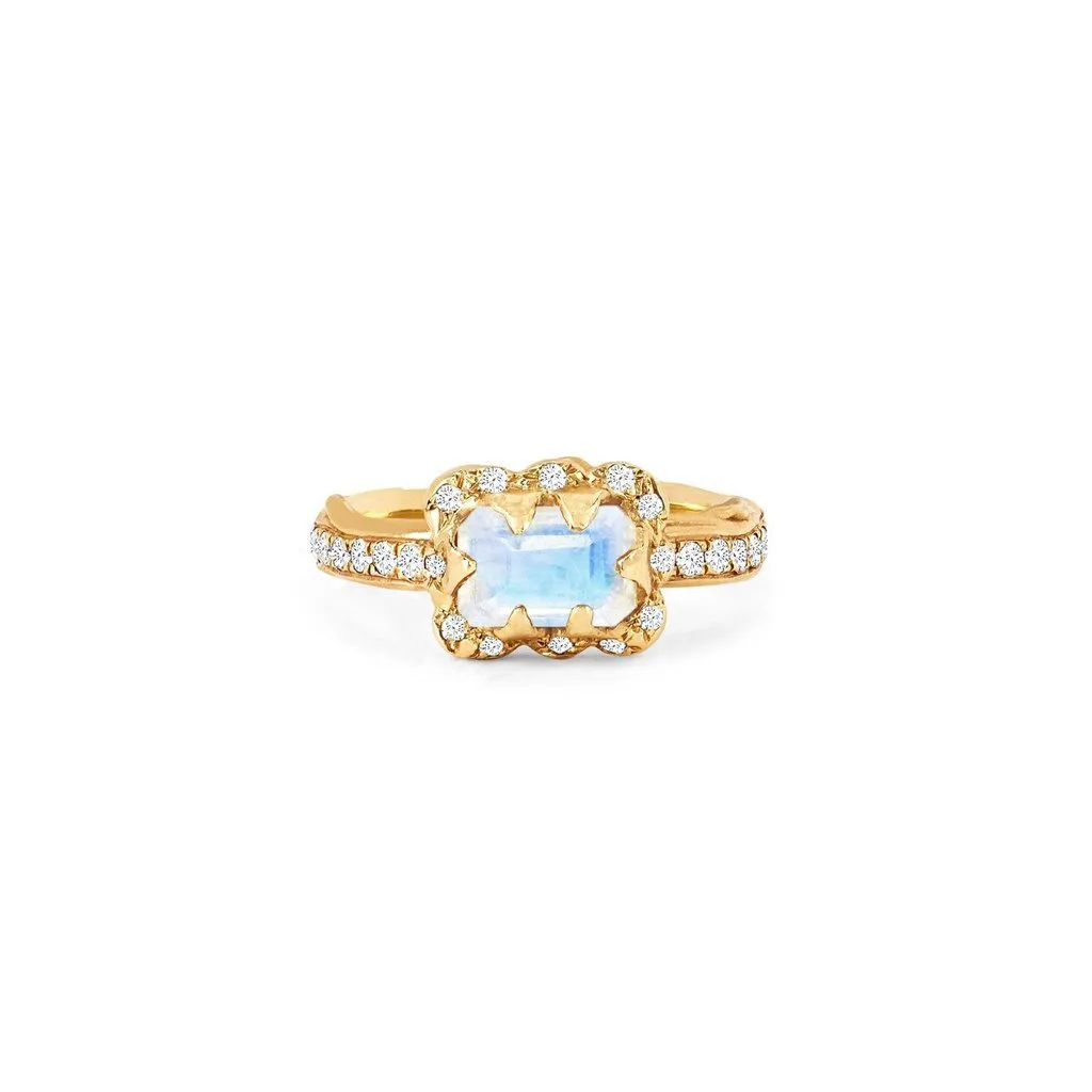 Micro Queen Emerald Cut Moonstone Ring with Sprinkled Diamonds | Ready to Ship