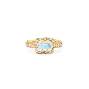 Micro Queen Emerald Cut Moonstone Ring with Sprinkled Diamonds | Ready to Ship