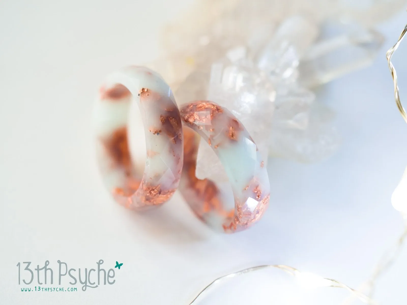 Milky green and rose gold flakes faceted resin ring