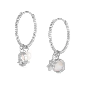 Moonstone & Freshwater Pearl Silver Dainty Hoop Earrings - Moonlight