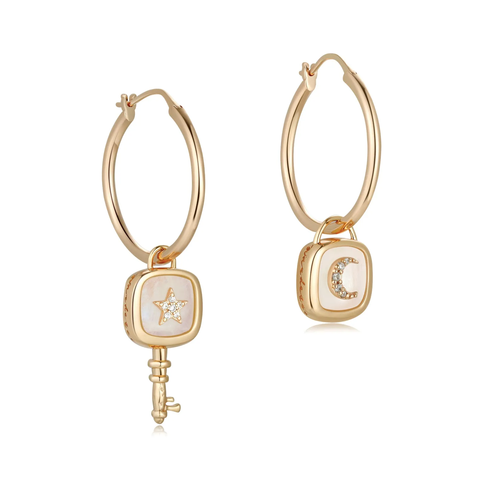 Moonstone Gold Padlock & Key Hoop Earrings - Wanderer