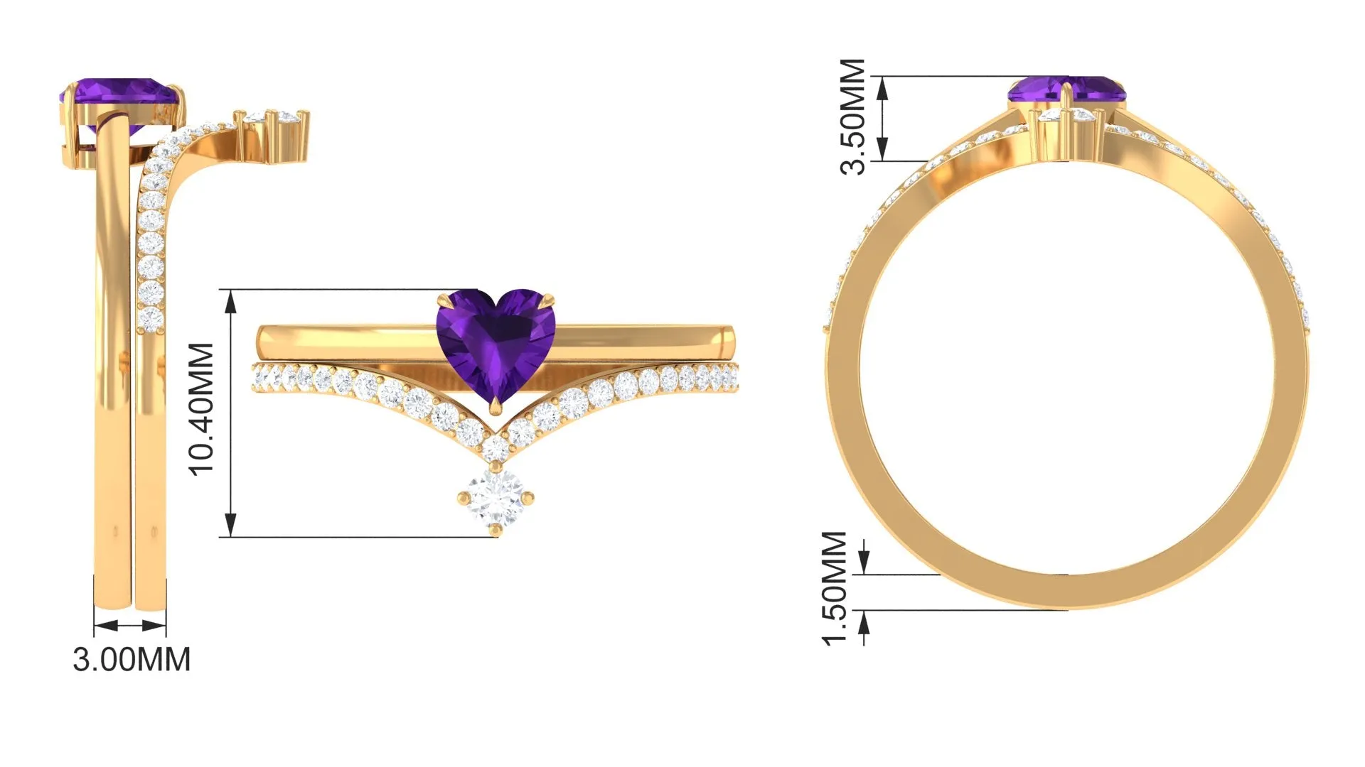 Natural Amethyst Solitaire Heart Ring Set with Diamond