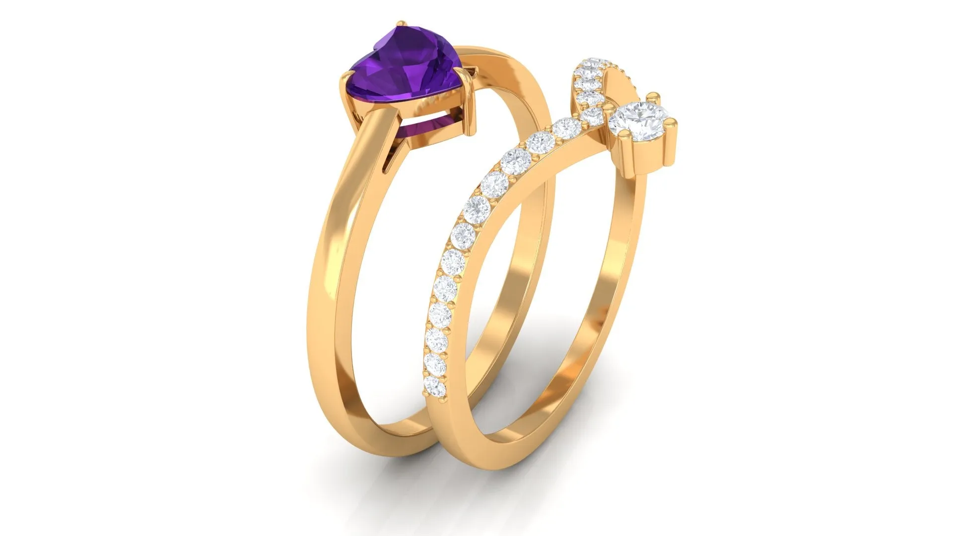 Natural Amethyst Solitaire Heart Ring Set with Diamond