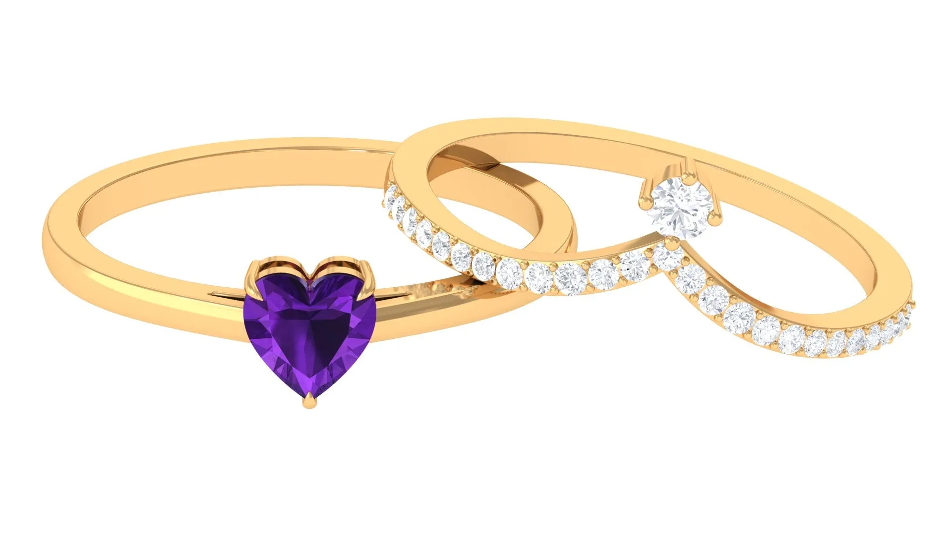 Natural Amethyst Solitaire Heart Ring Set with Diamond