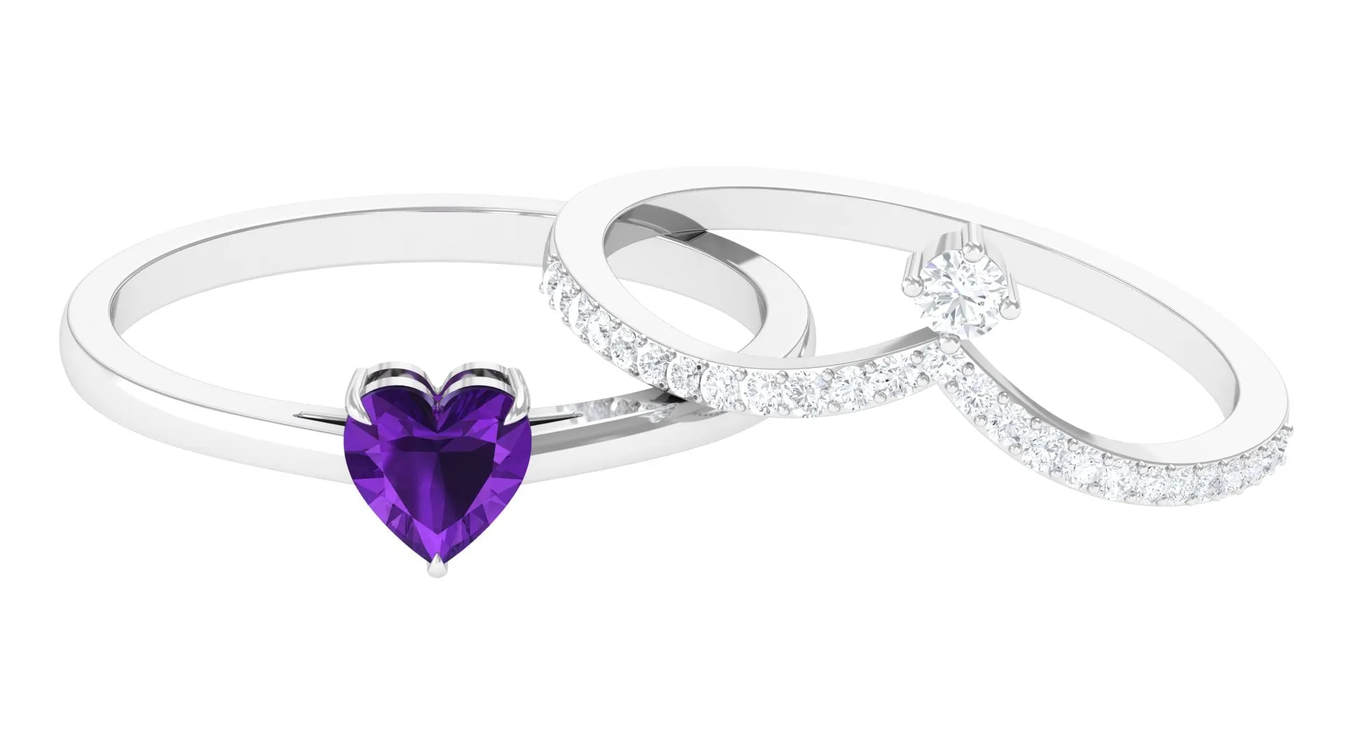 Natural Amethyst Solitaire Heart Ring Set with Diamond