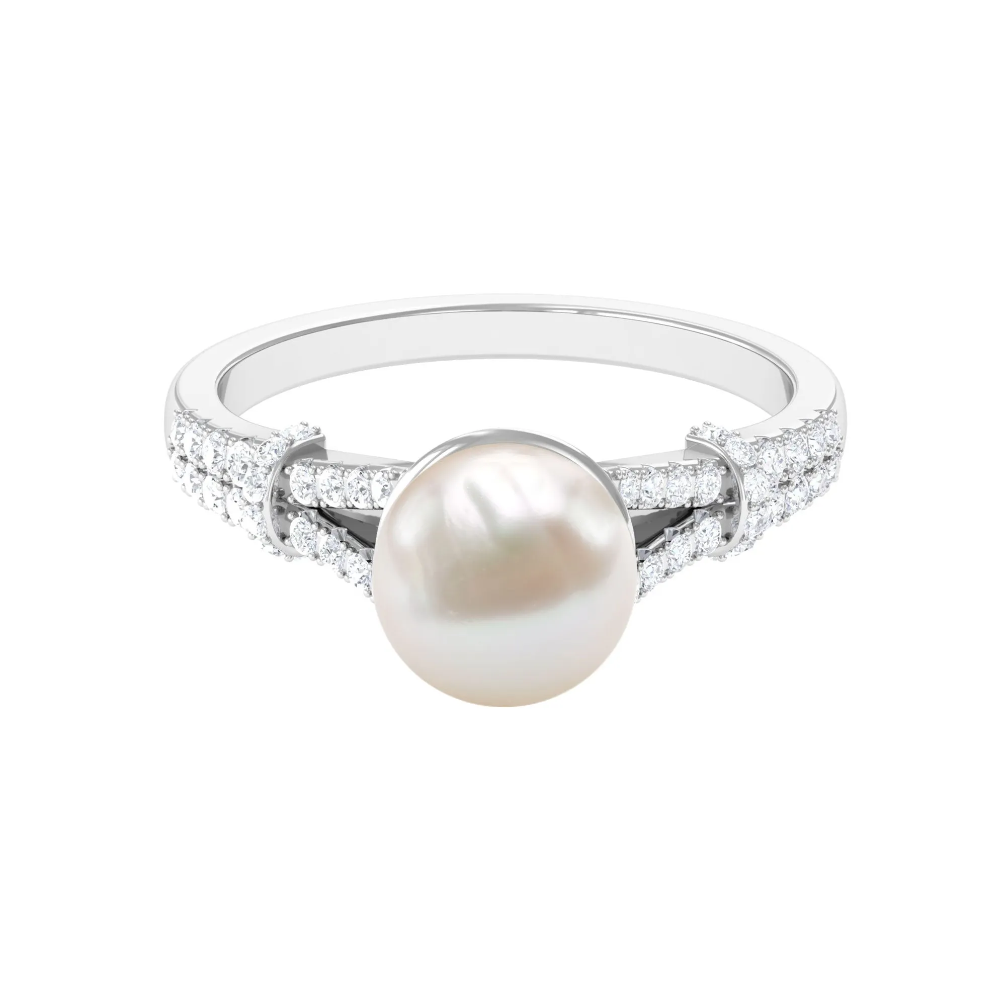 Natural White Freshwater Pearl Solitaire Engagement Ring with Diamond