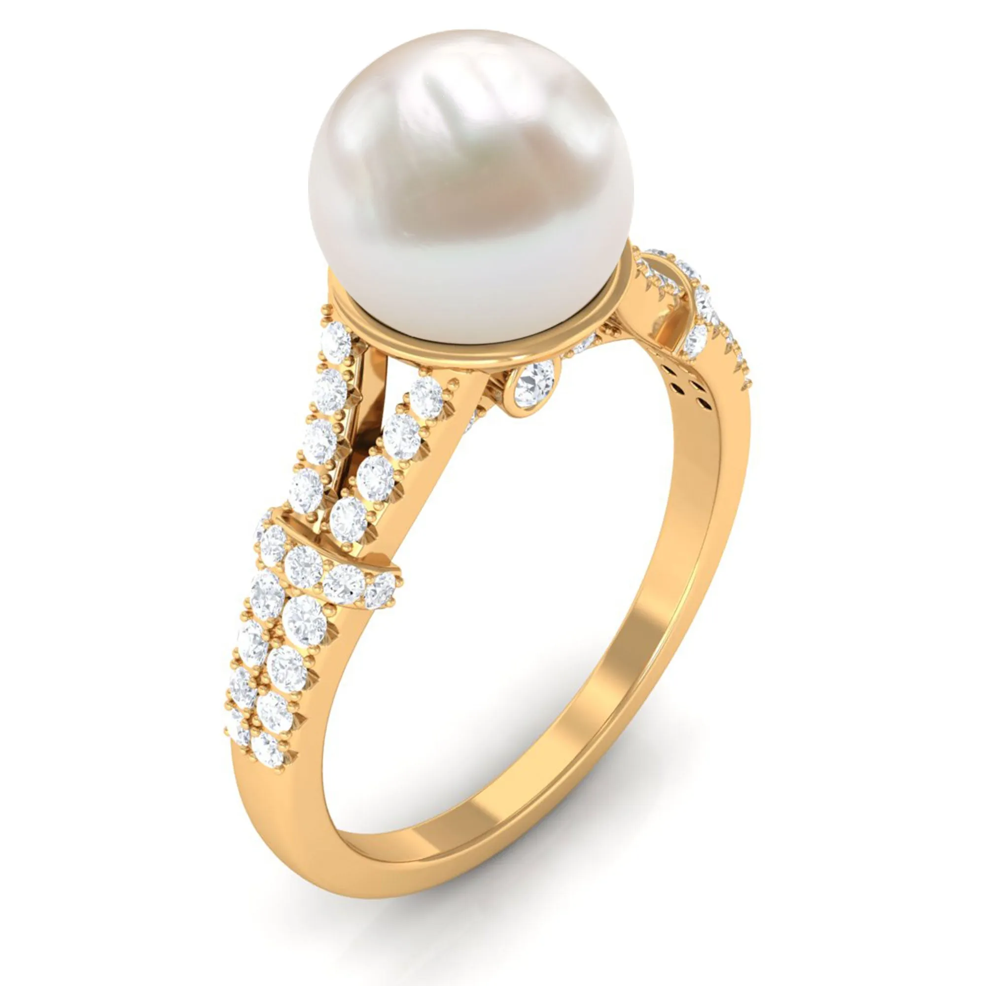 Natural White Freshwater Pearl Solitaire Engagement Ring with Diamond