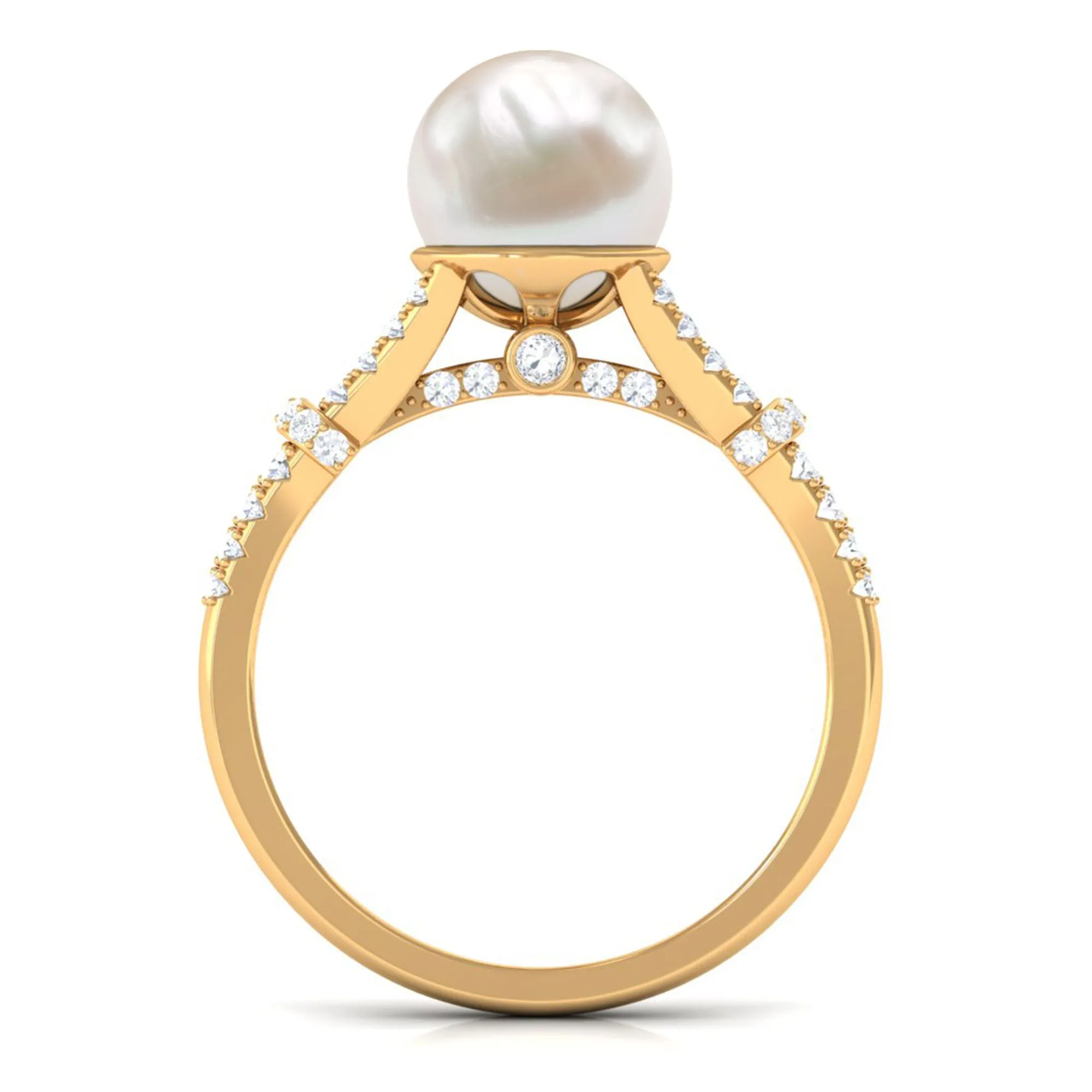 Natural White Freshwater Pearl Solitaire Engagement Ring with Diamond