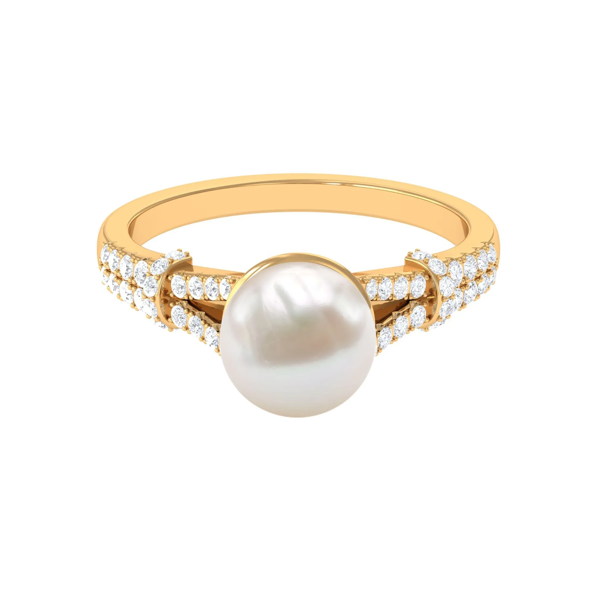 Natural White Freshwater Pearl Solitaire Engagement Ring with Diamond