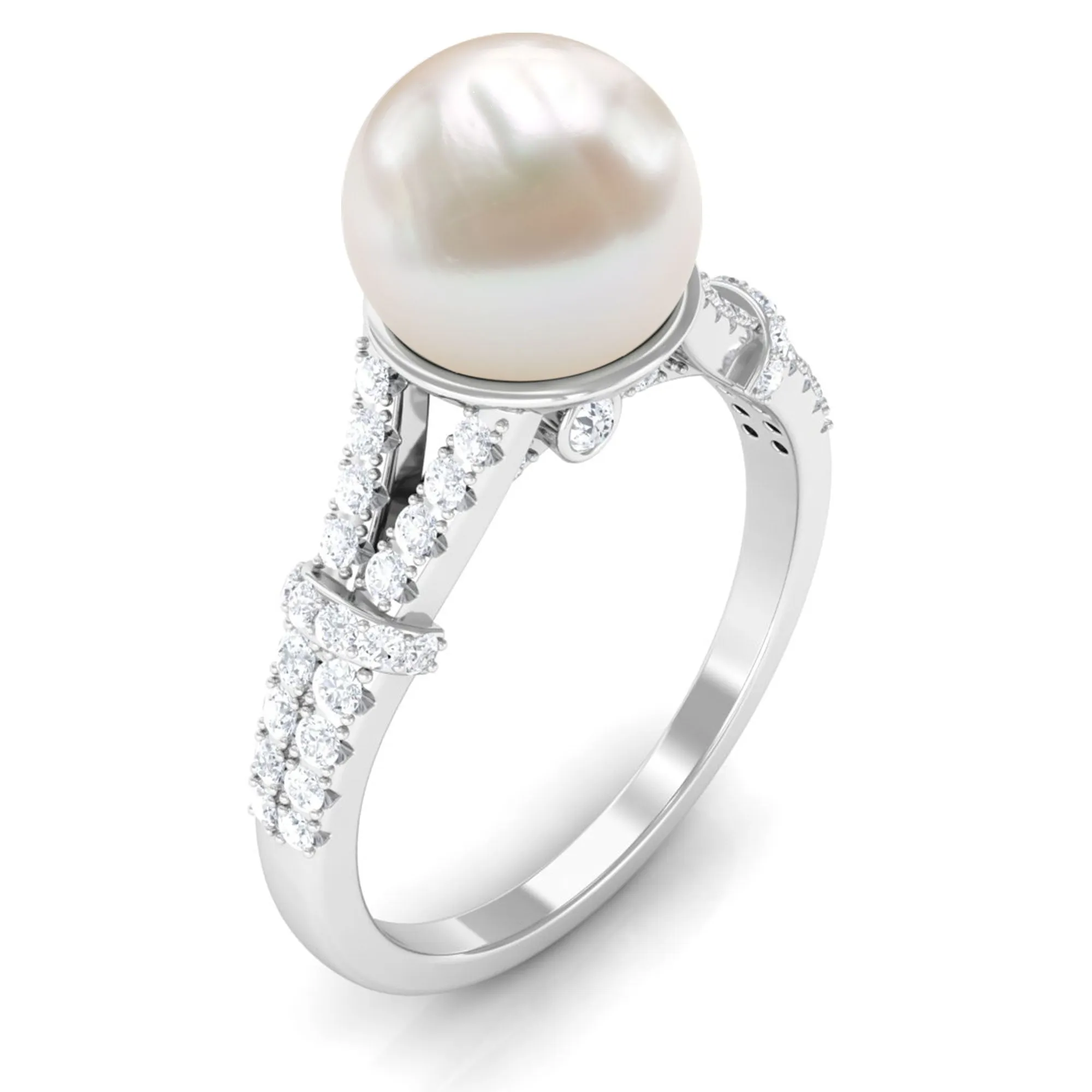 Natural White Freshwater Pearl Solitaire Engagement Ring with Diamond