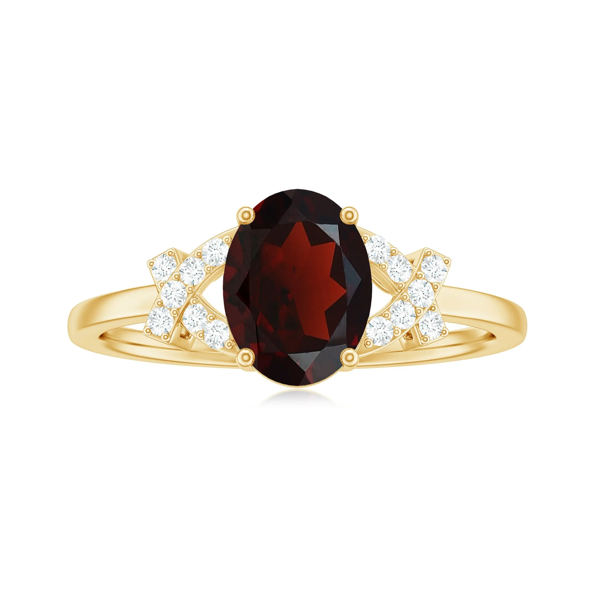 Oval Garnet Solitaire Ring with Diamond in Split Shank