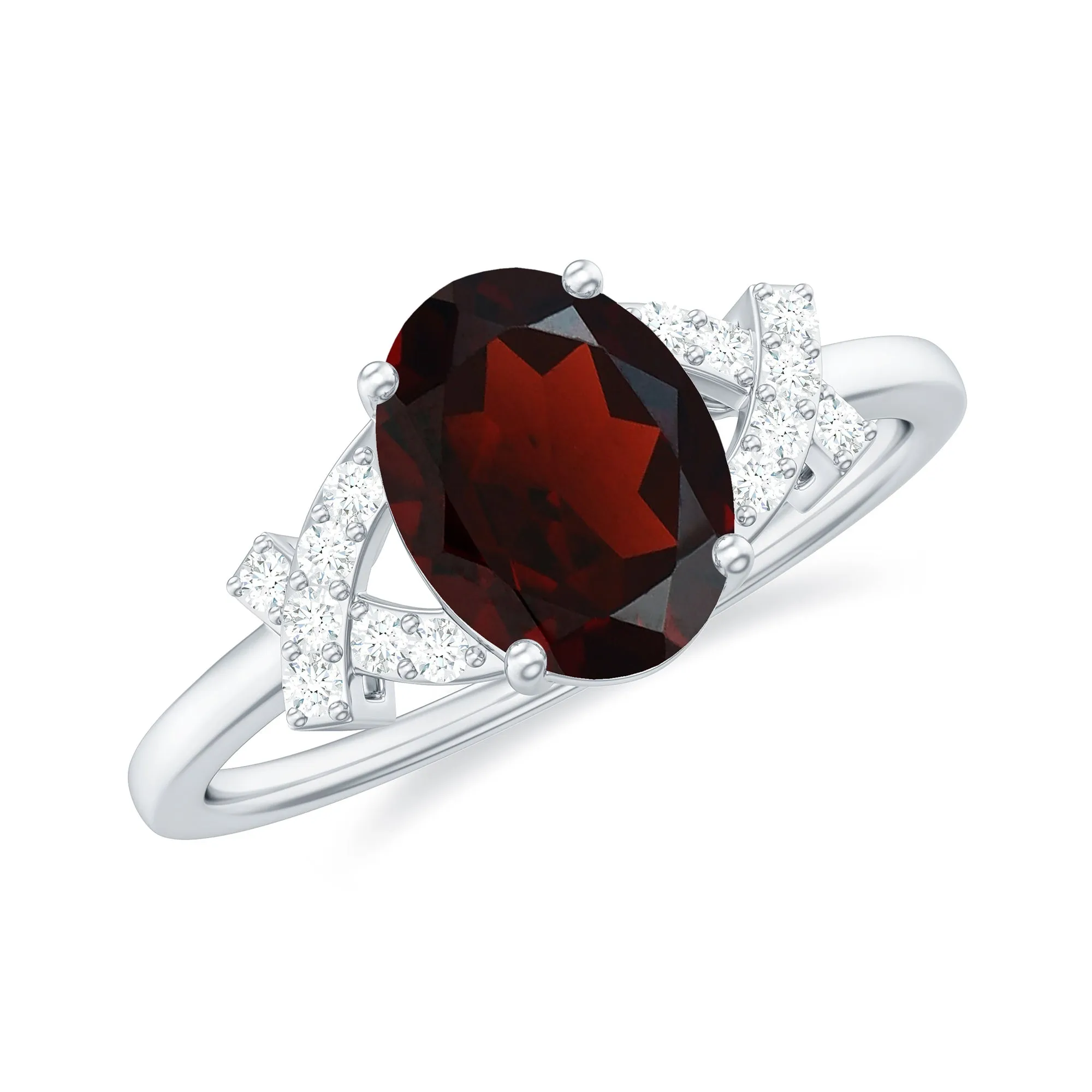 Oval Garnet Solitaire Ring with Diamond in Split Shank