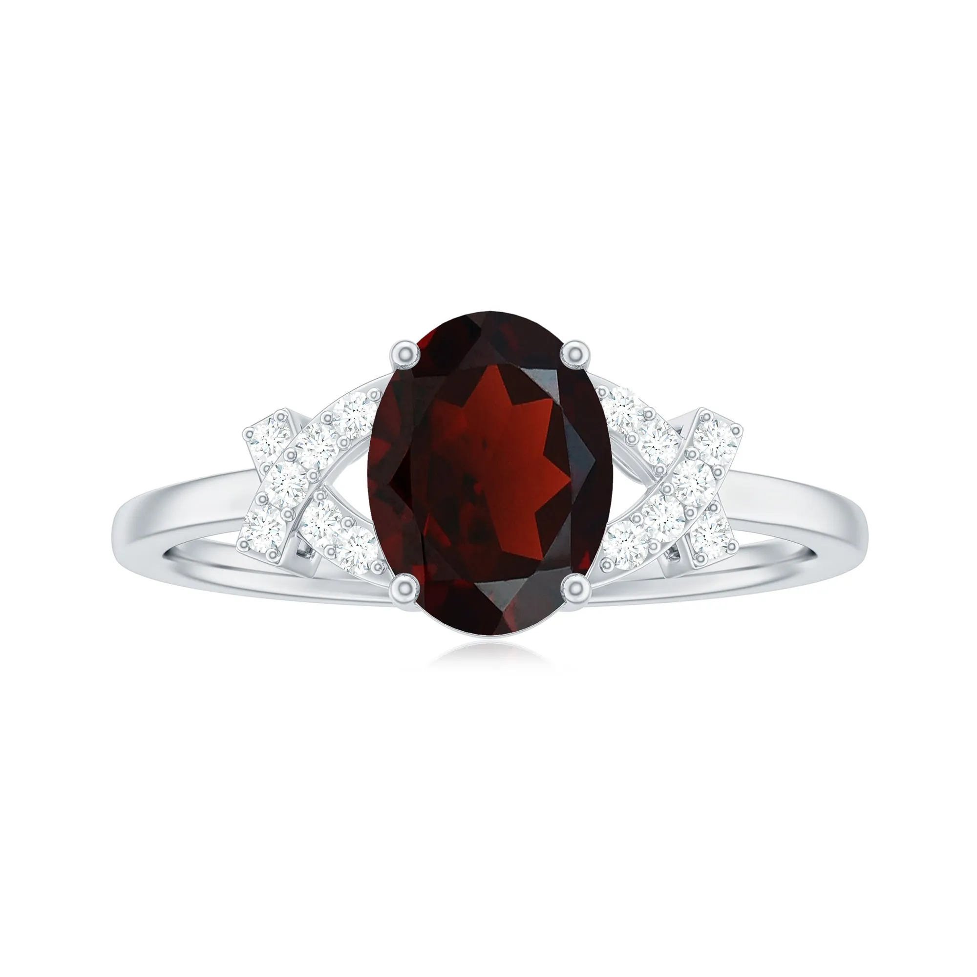 Oval Garnet Solitaire Ring with Diamond in Split Shank