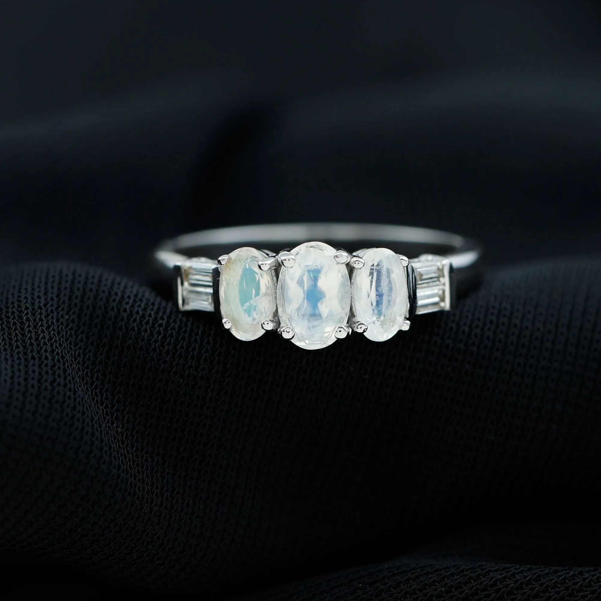 Oval Moonstone and Diamond 3 Stone Anniversary Ring