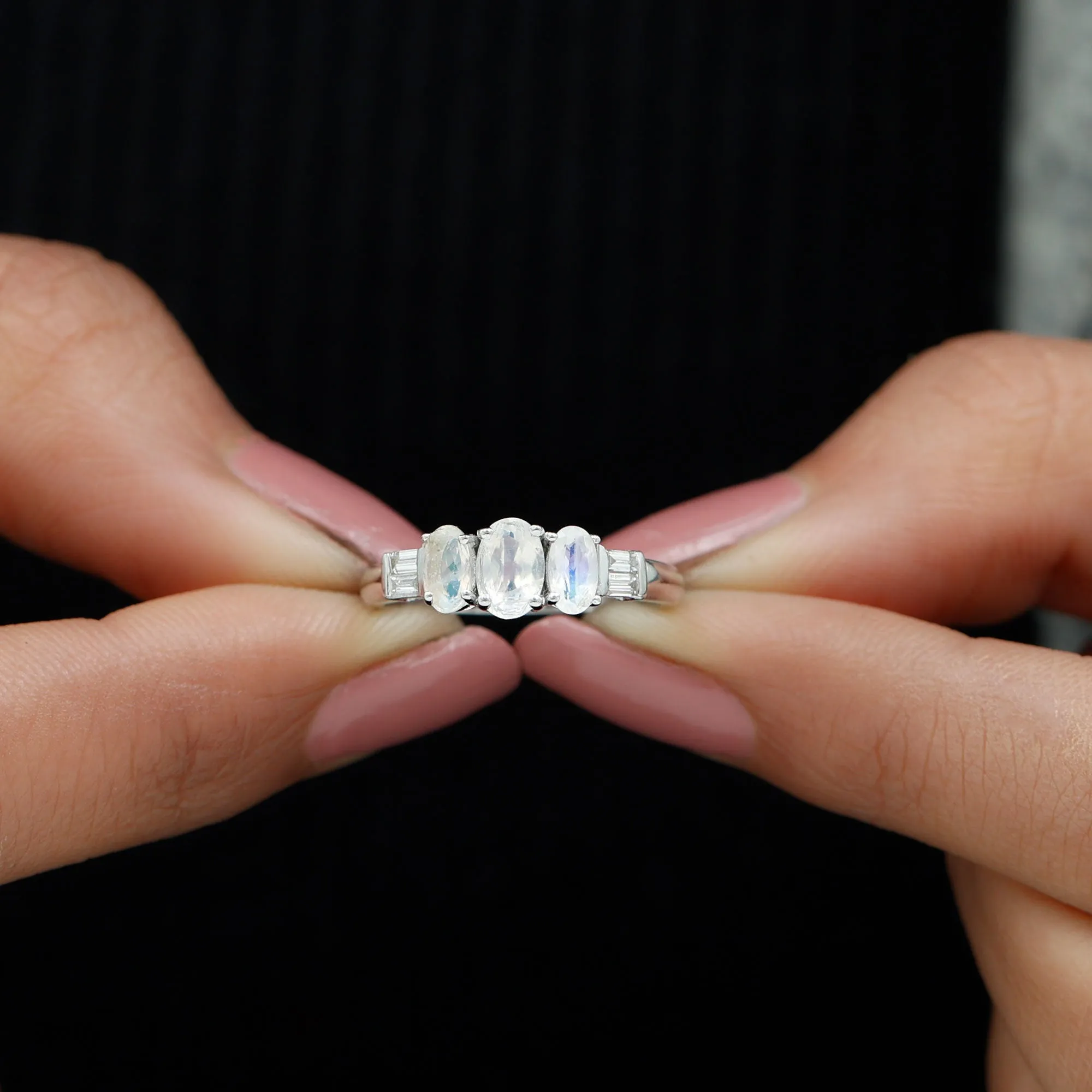 Oval Moonstone and Diamond 3 Stone Anniversary Ring