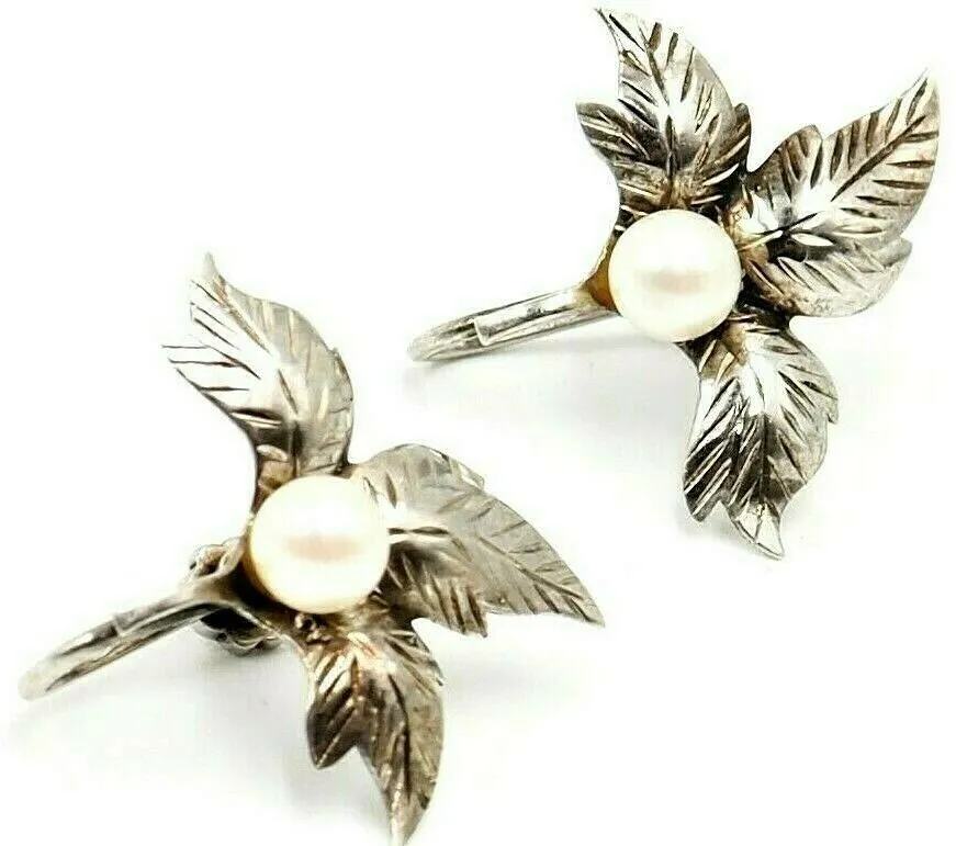 Pearl & Sterling Silver Screw Back Vintage Earrings Non-Pierced Ears