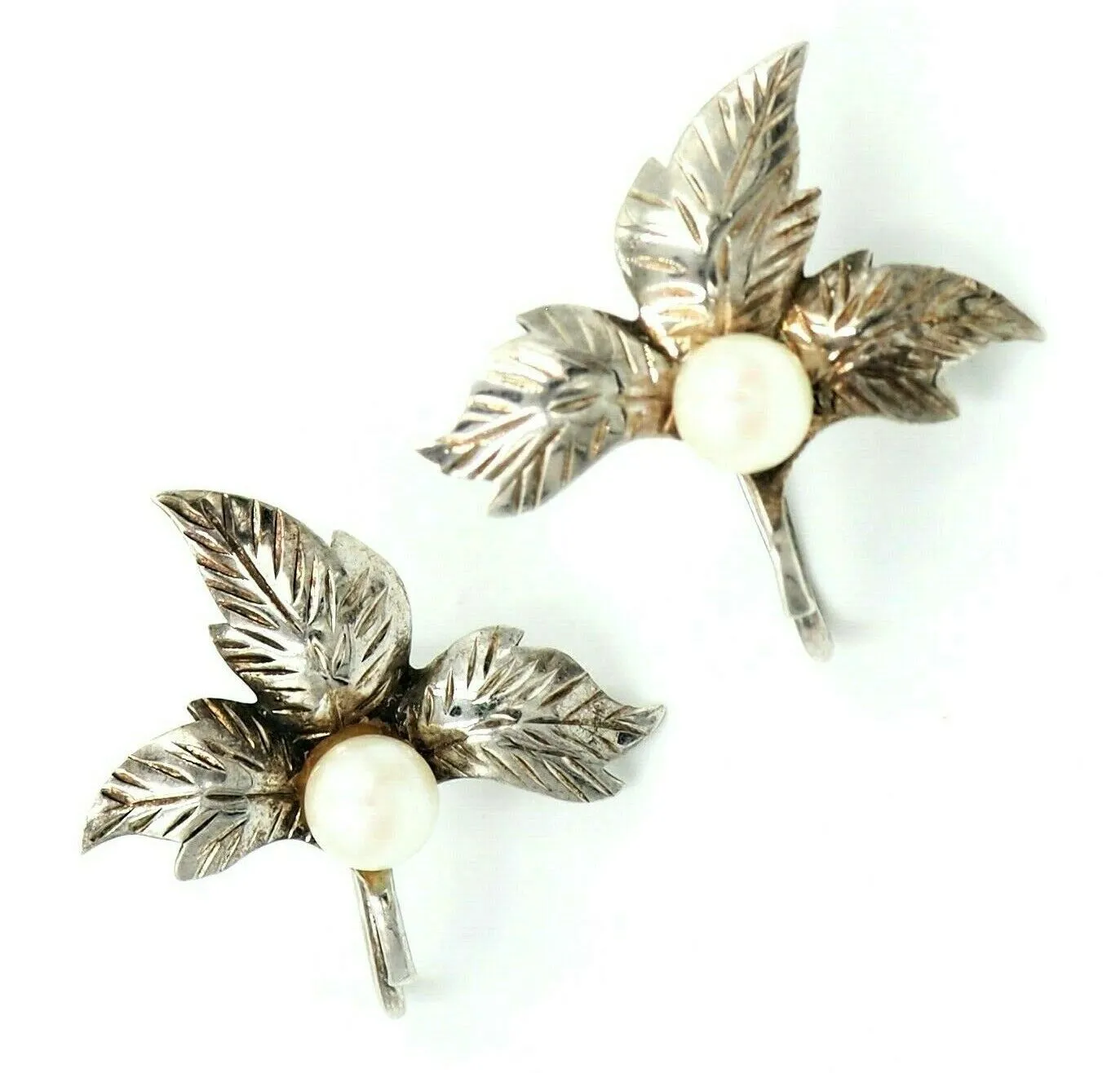 Pearl & Sterling Silver Screw Back Vintage Earrings Non-Pierced Ears