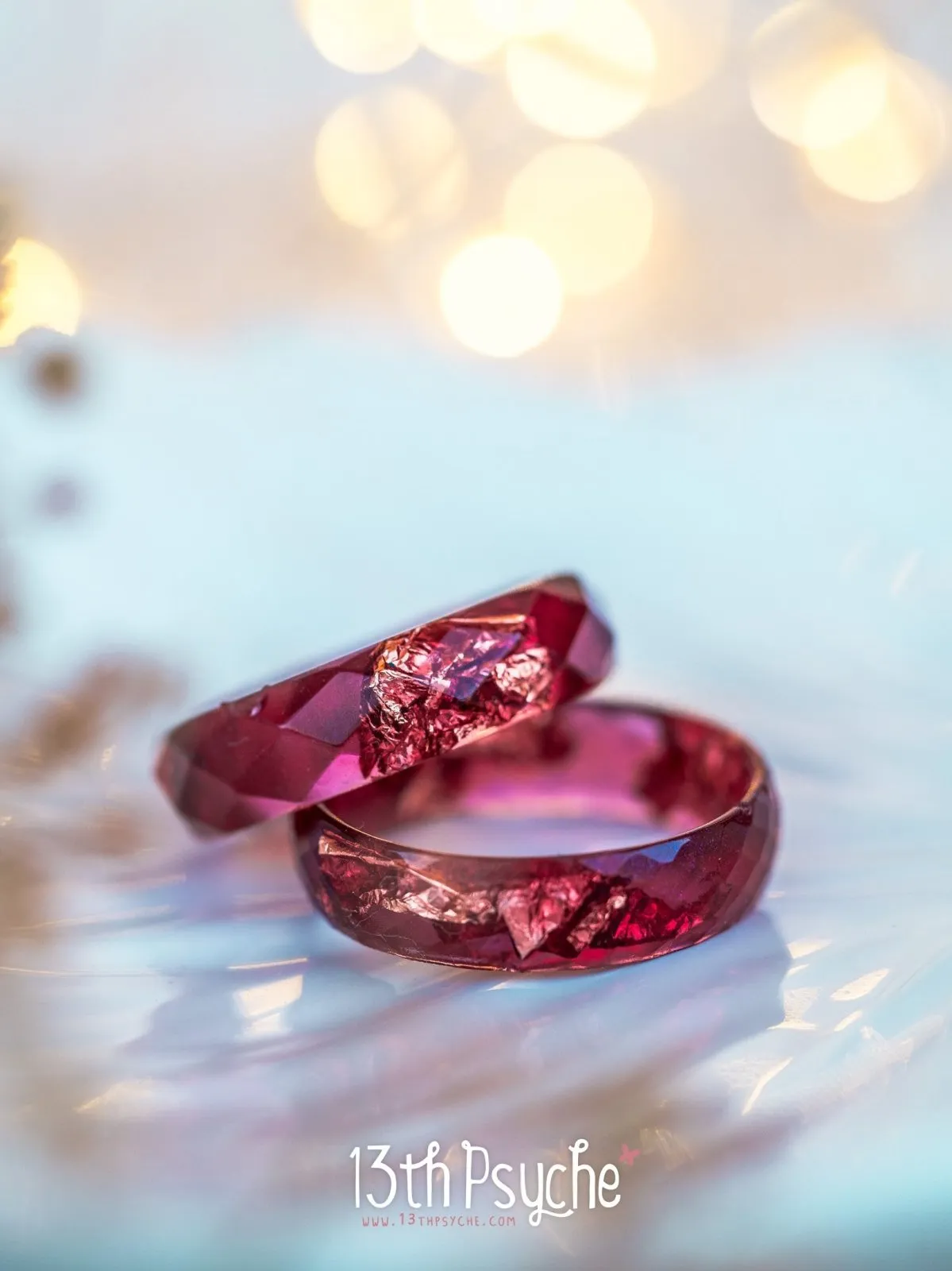 Plum and rose gold flakes faceted resin ring