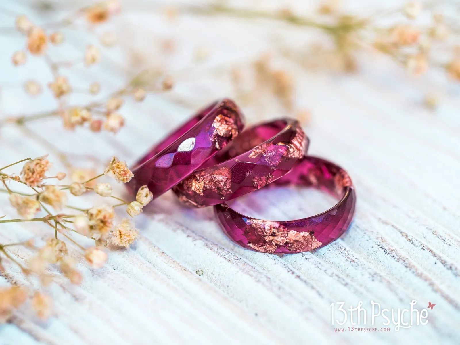 Plum and rose gold flakes faceted resin ring