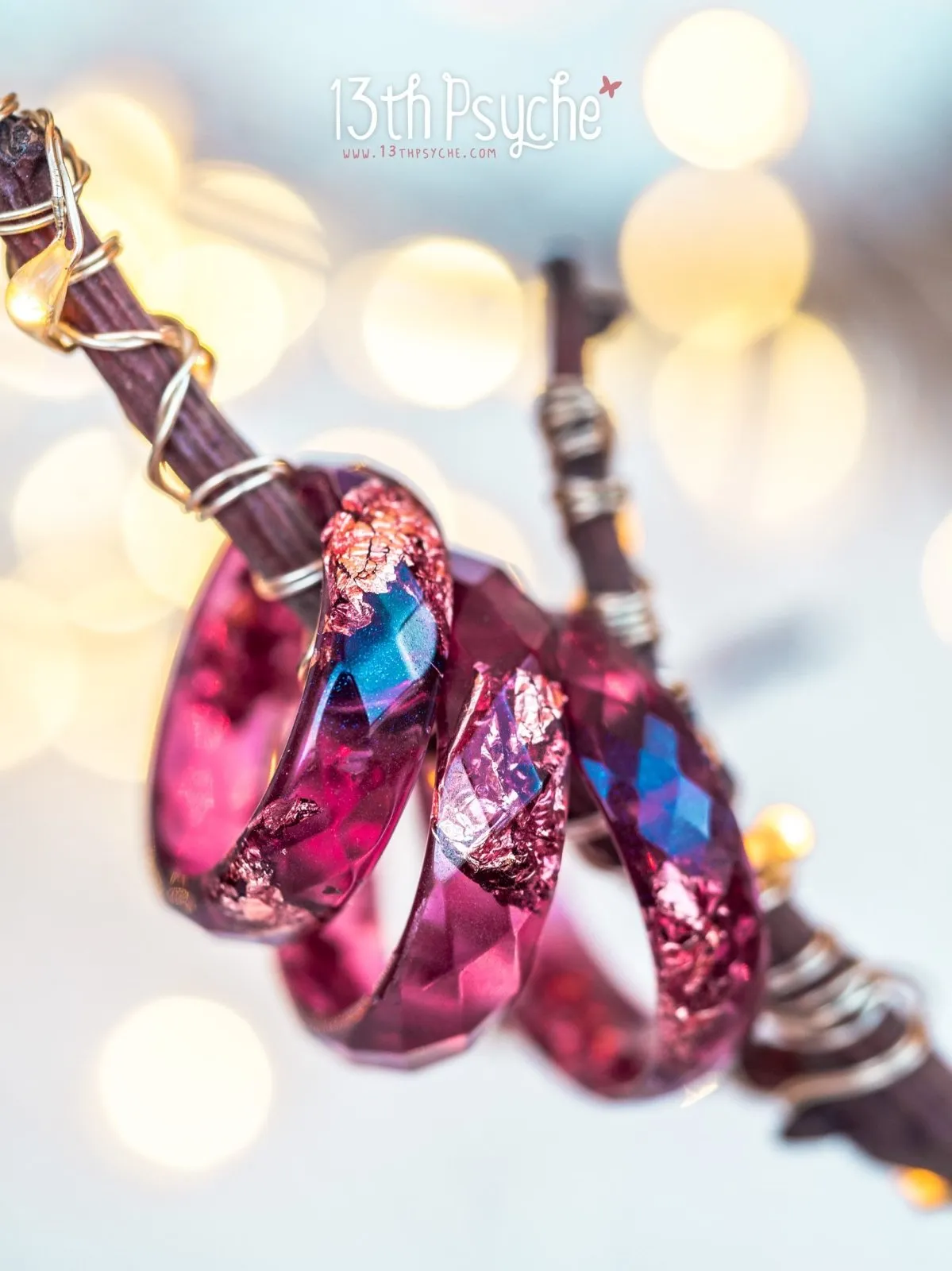 Plum and rose gold flakes faceted resin ring