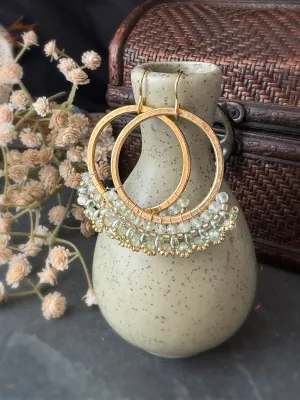 Prehnite, green, seed bead, gold metal,  earrings