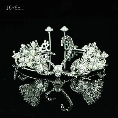 Premium Large Metal Tiara with Pearl and Swan Cake Decoration - Silver