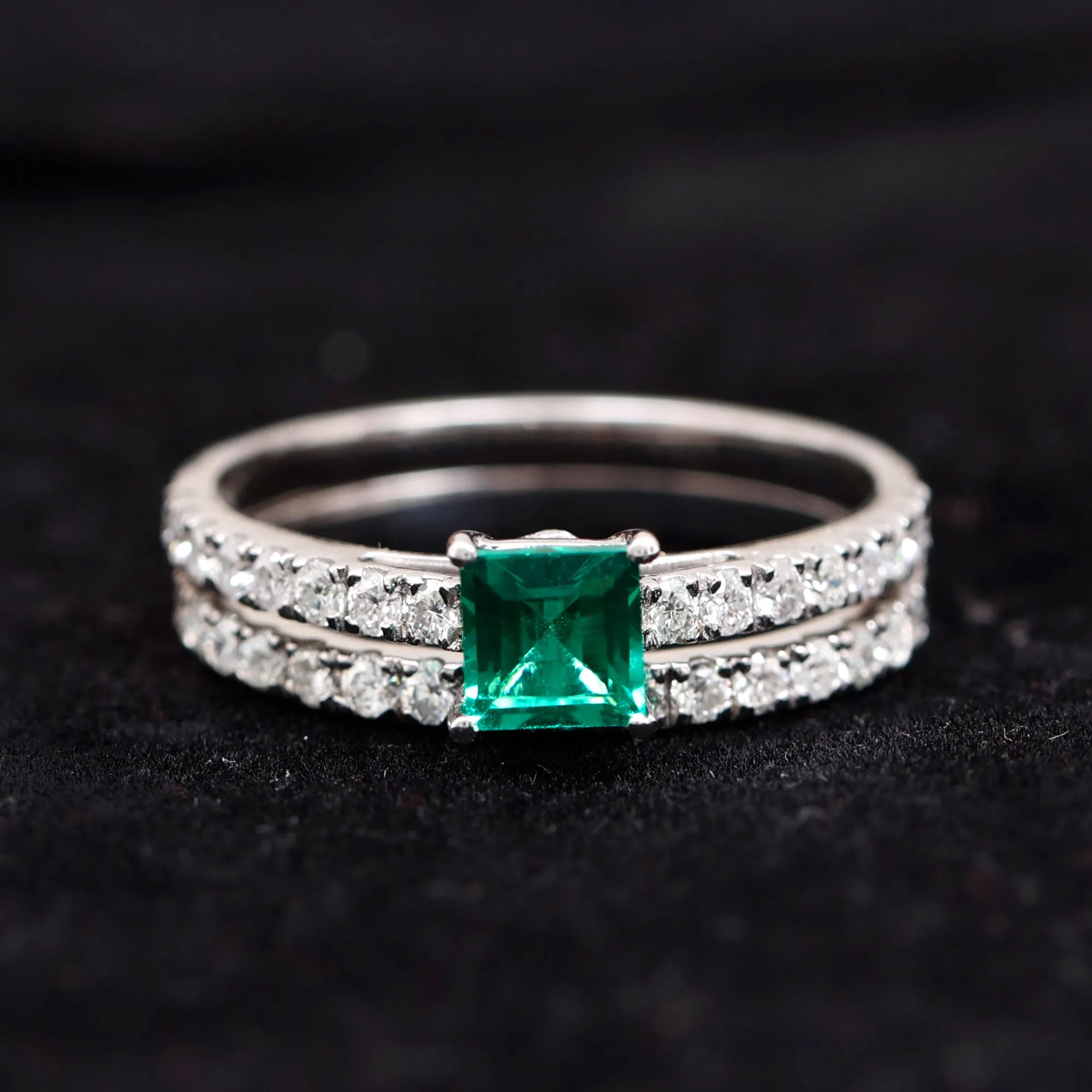 Princess Cut Created Emerald Engagement Ring with Moissanite Enhancer