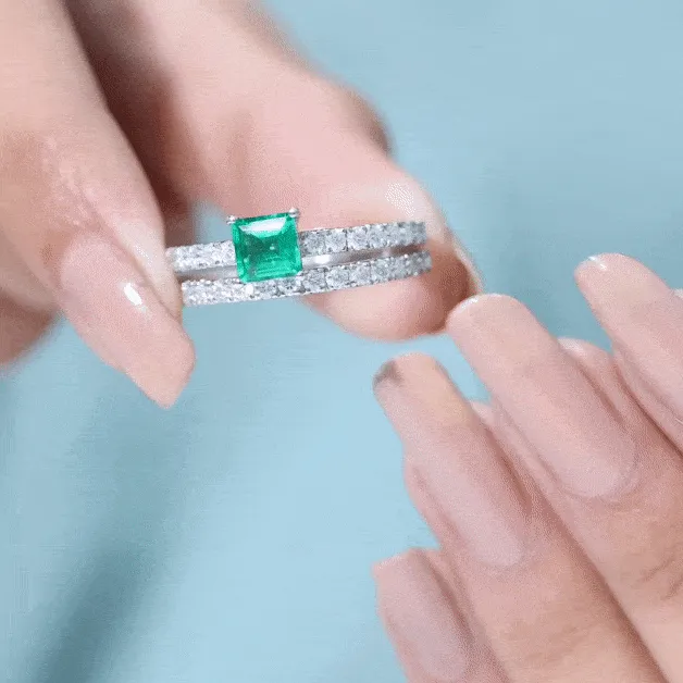 Princess Cut Created Emerald Engagement Ring with Moissanite Enhancer