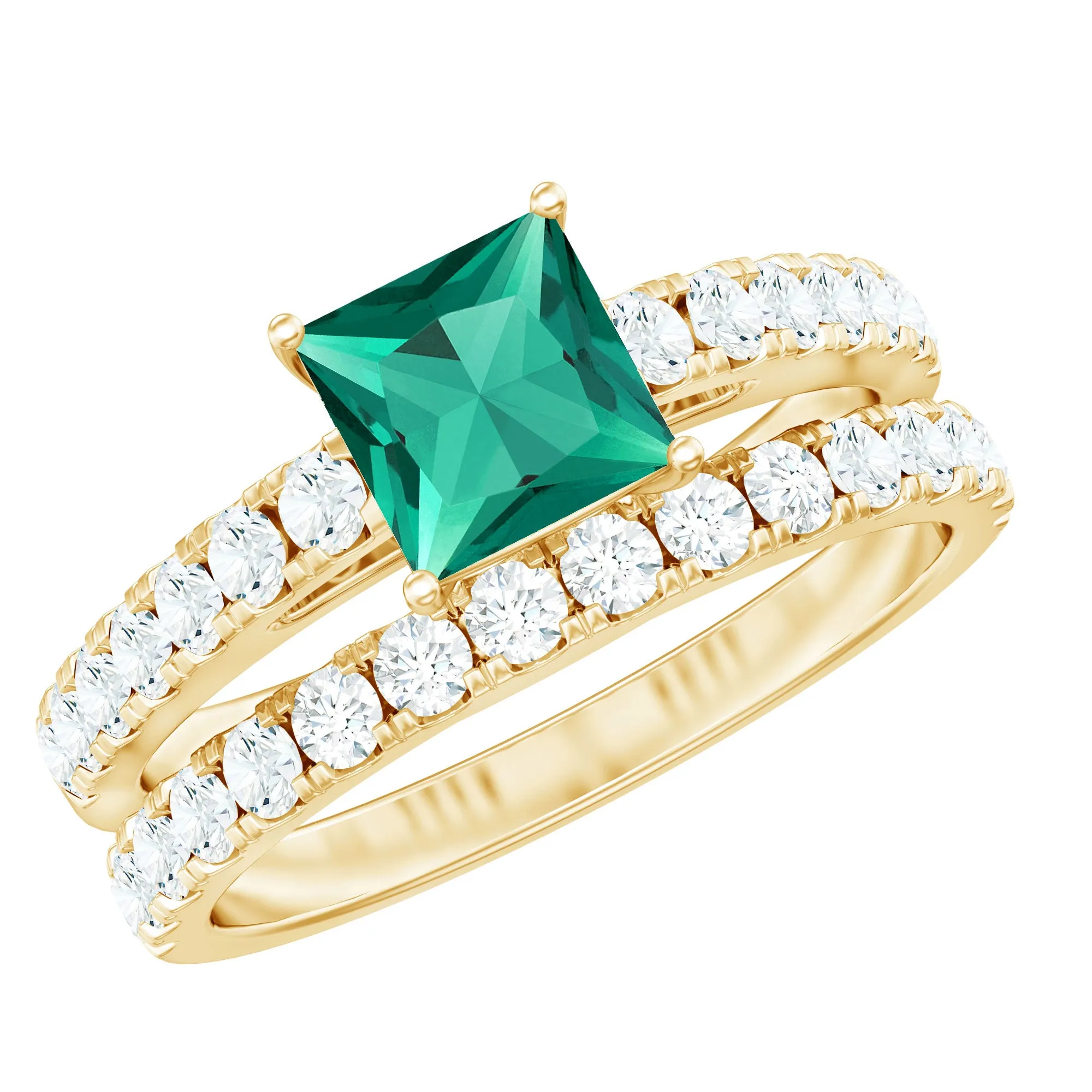 Princess Cut Created Emerald Engagement Ring with Moissanite Enhancer