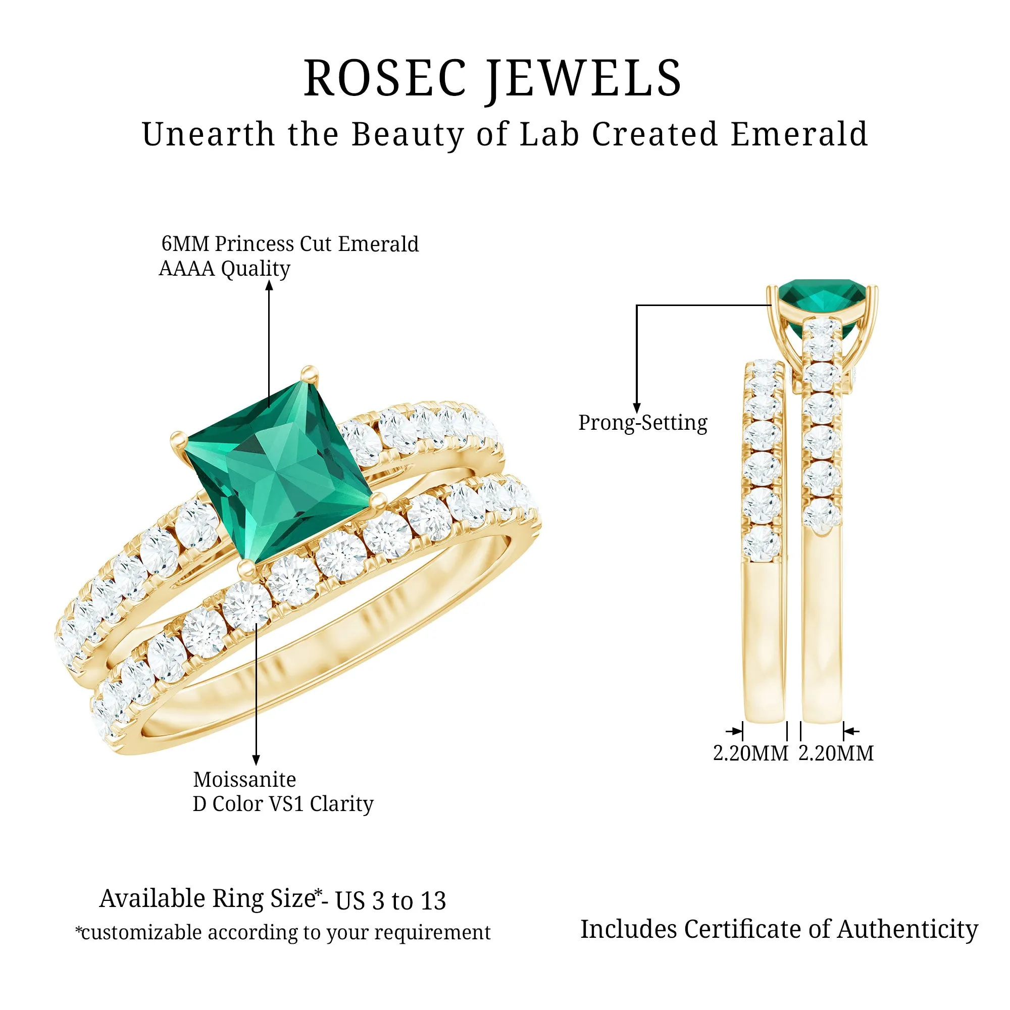 Princess Cut Created Emerald Engagement Ring with Moissanite Enhancer