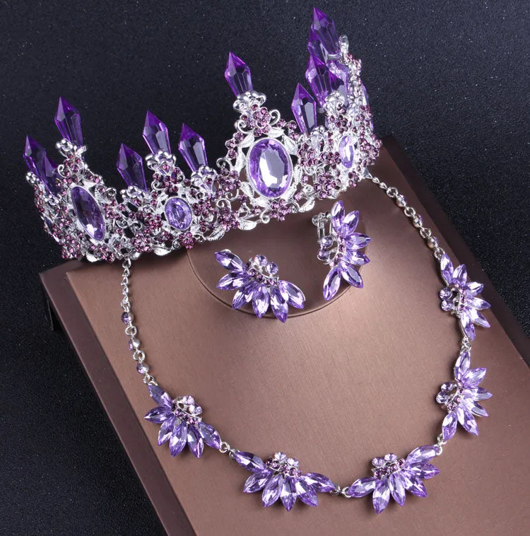 Purple Lavender or White Crystal Bridal Jewelry Set of Necklace Earrings and  Crown-Tiara-Bridal or Mis Quince