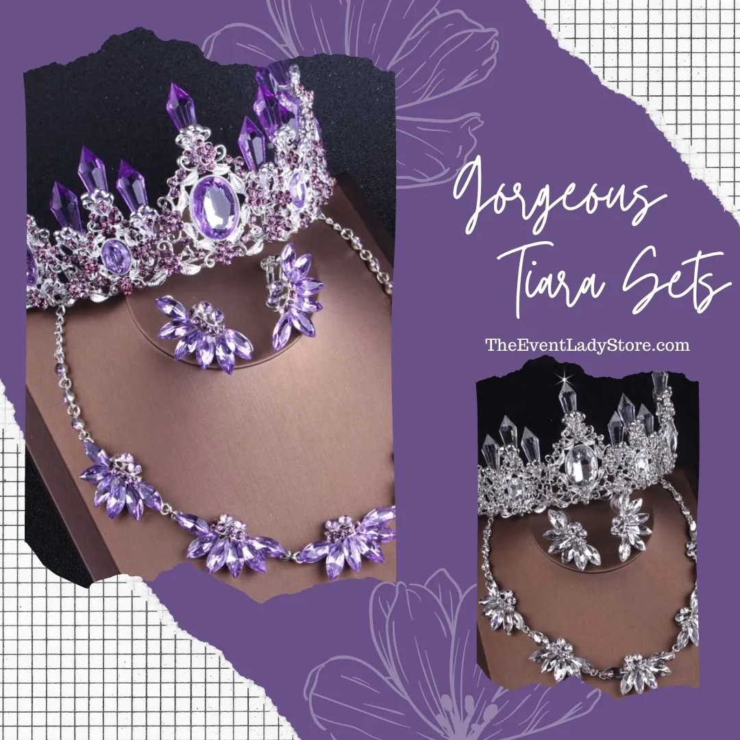 Purple Lavender or White Crystal Bridal Jewelry Set of Necklace Earrings and  Crown-Tiara-Bridal or Mis Quince