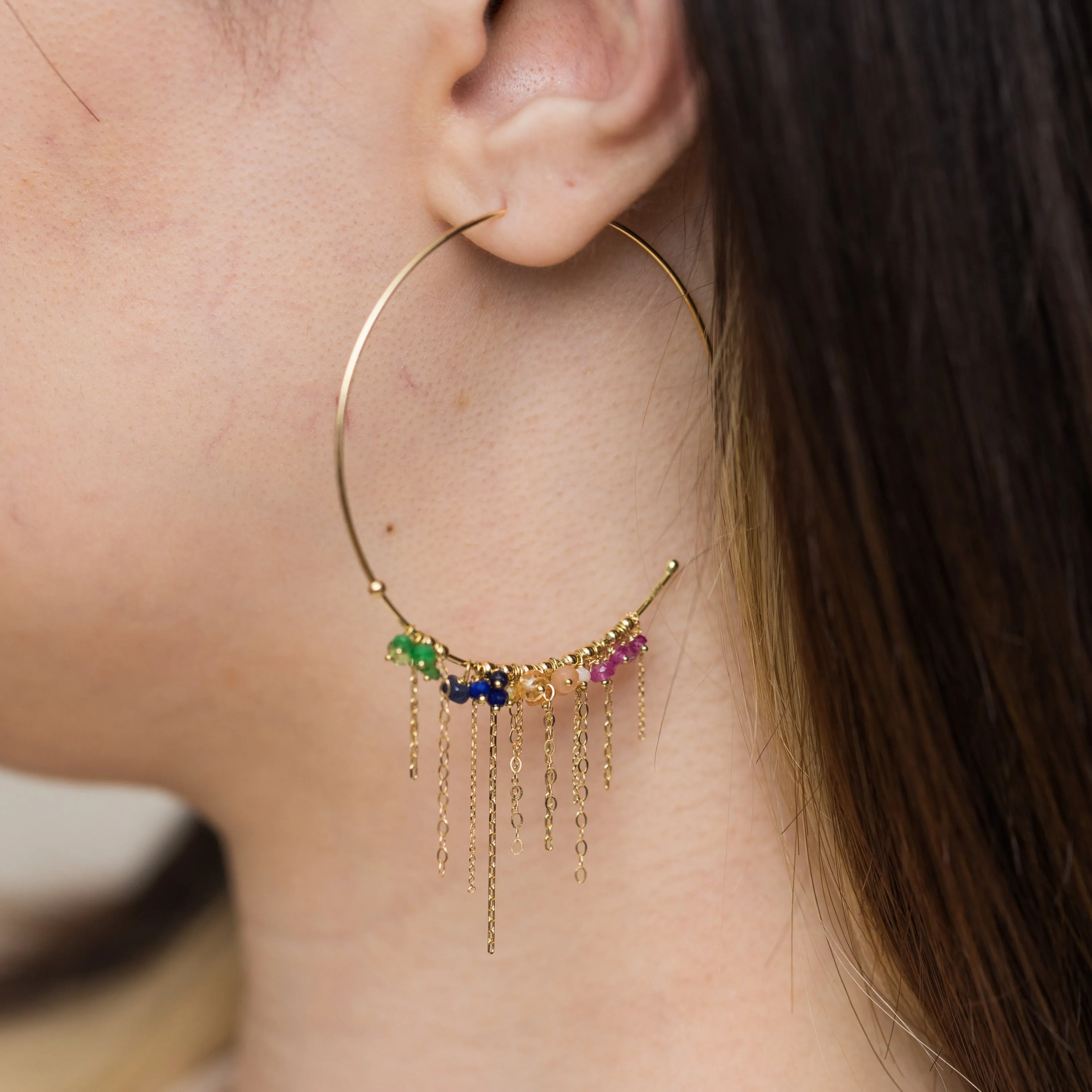 Rainbow mixed beaded large hoop earrings