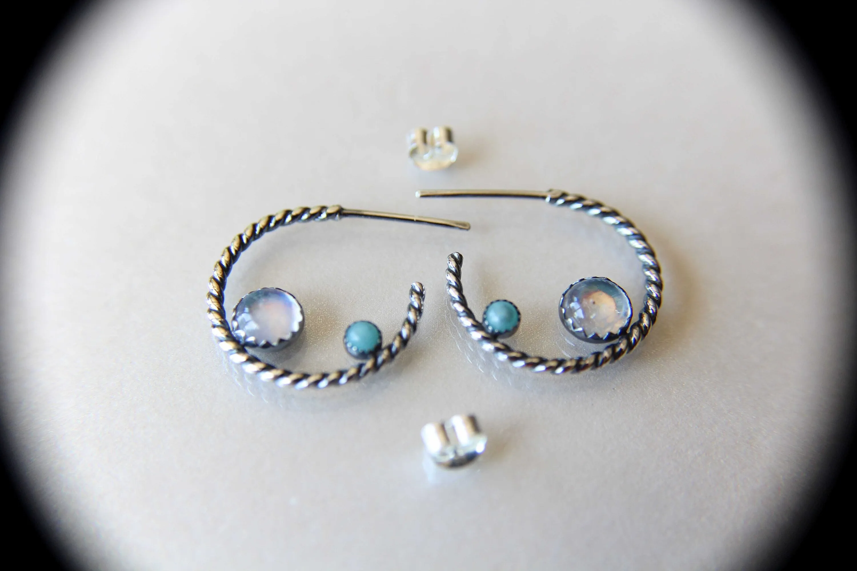 Rainbow Moonstone Earrings, Stud Earrings, Amazonite Earrings, Boho Earrings, Gemstone Earrings, 5mm Moonstone Earrings, Rope Hoop Earrings