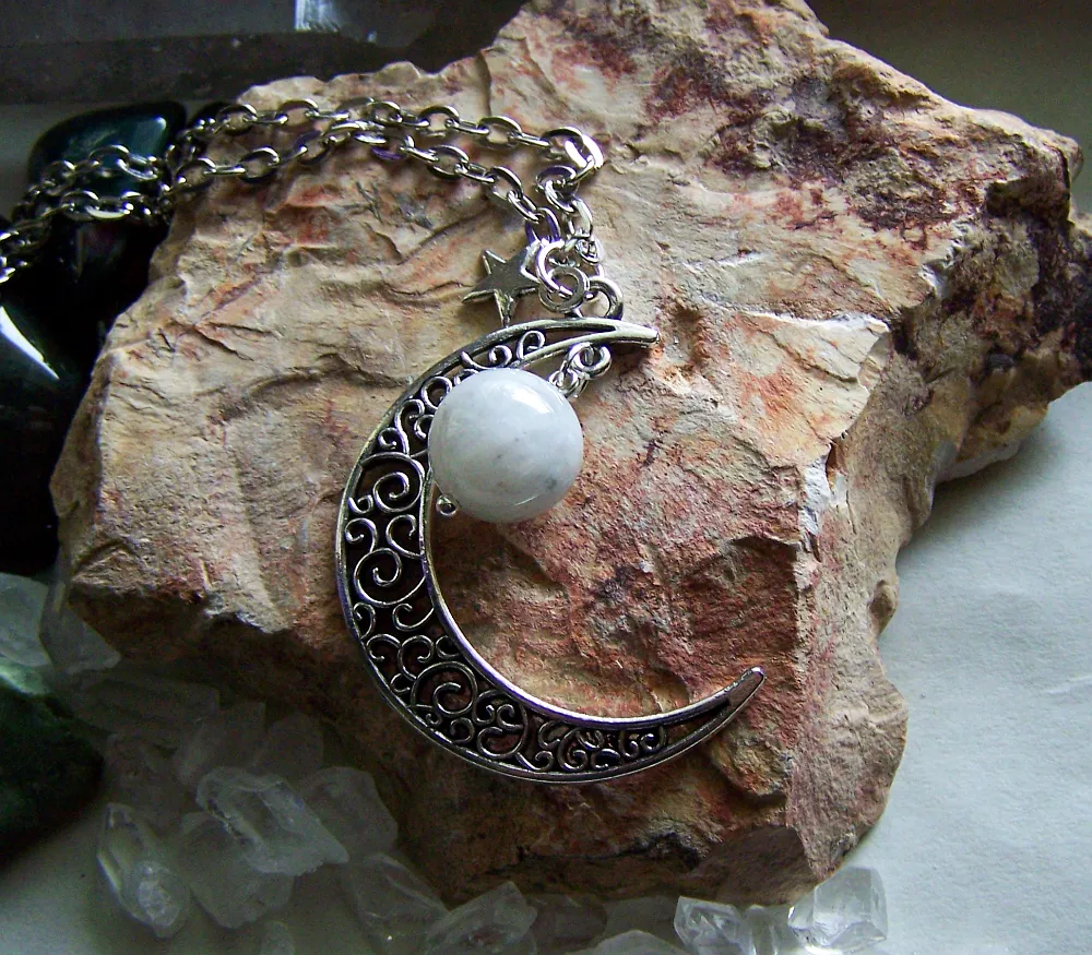 Rainbow Moonstone Filigree Silver Moon Pendant