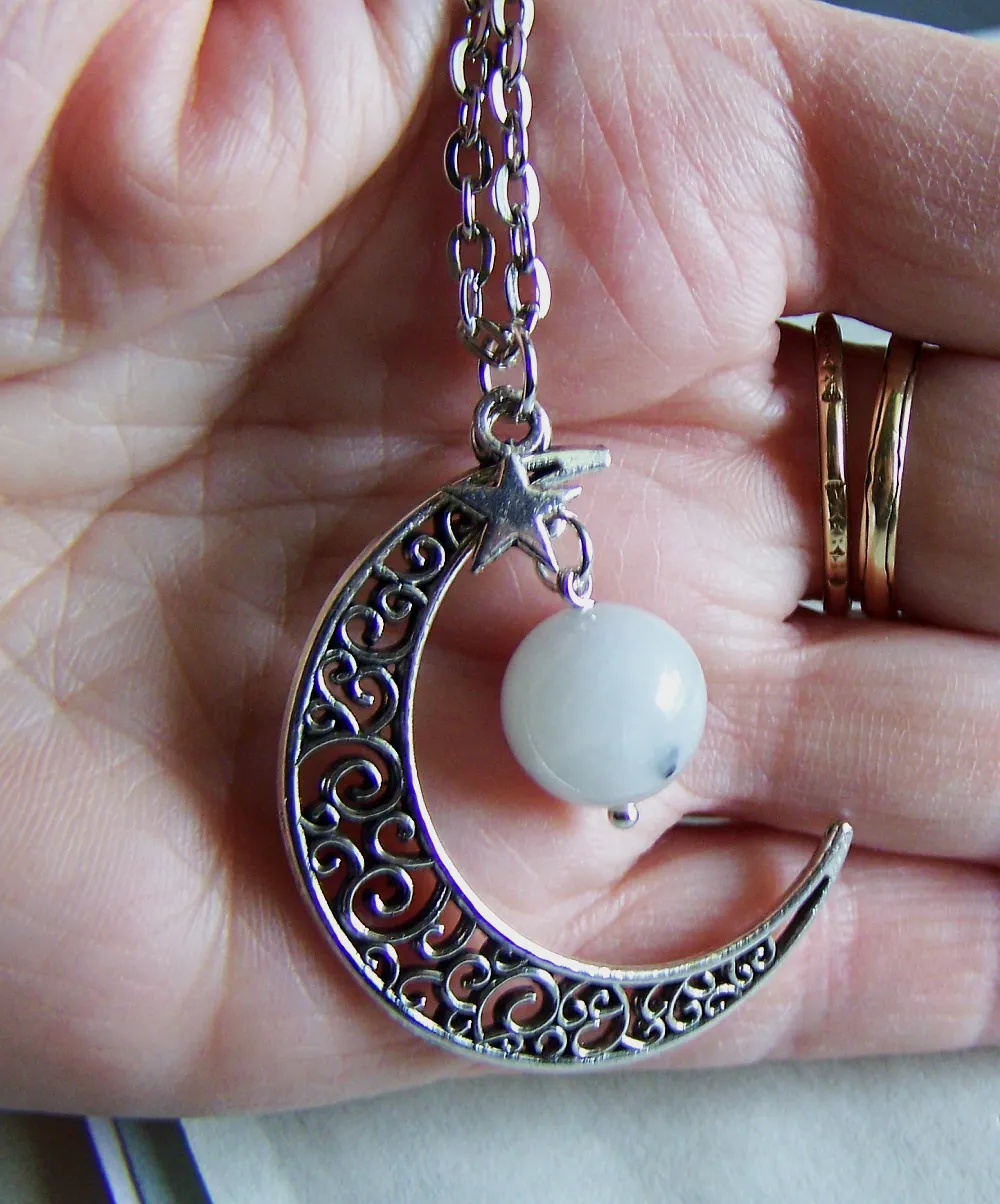 Rainbow Moonstone Filigree Silver Moon Pendant