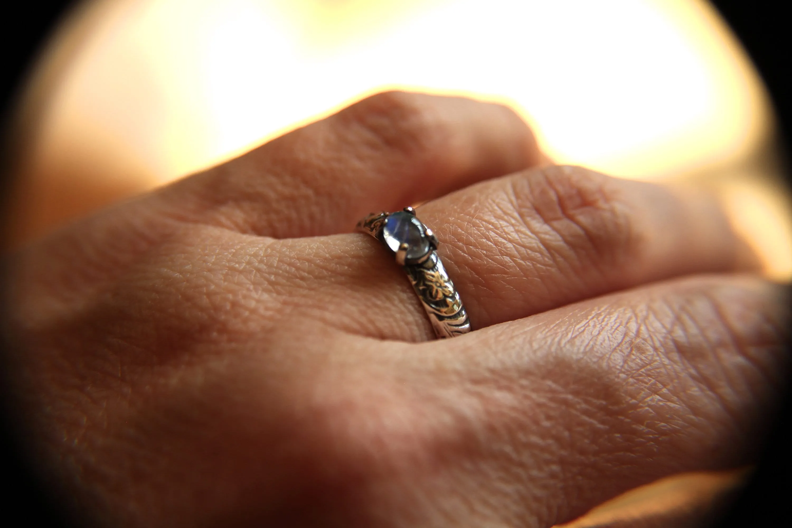 Rainbow Moonstone Ring, Floral Ring, Unique Design, Boho Ring, Oval Moonstone Ring, Moonstone Stacking Ring, Wide Band Ring, FMJ