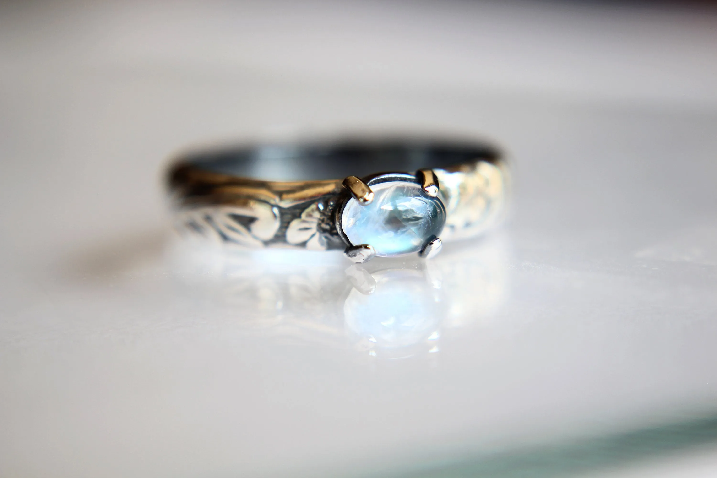 Rainbow Moonstone Ring, Floral Ring, Unique Design, Boho Ring, Oval Moonstone Ring, Moonstone Stacking Ring, Wide Band Ring, FMJ