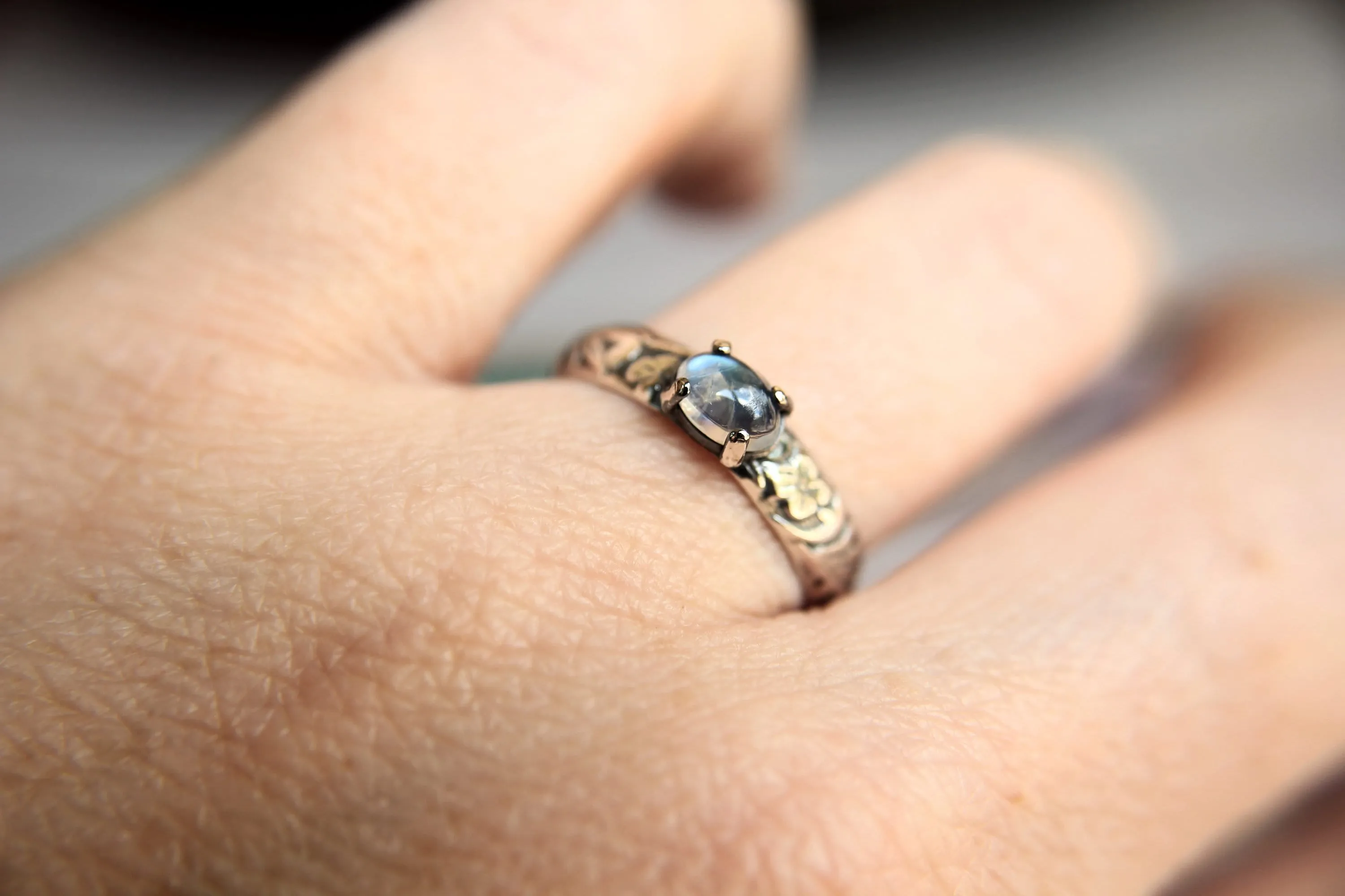 Rainbow Moonstone Ring, Floral Ring, Unique Design, Boho Ring, Oval Moonstone Ring, Moonstone Stacking Ring, Wide Band Ring, FMJ