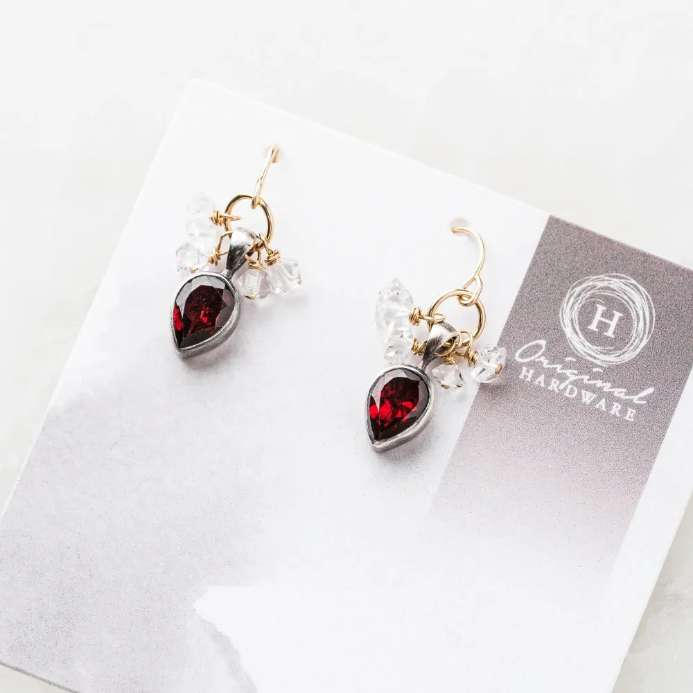 Red Garnet Pear Earrings with Herkimer Diamond